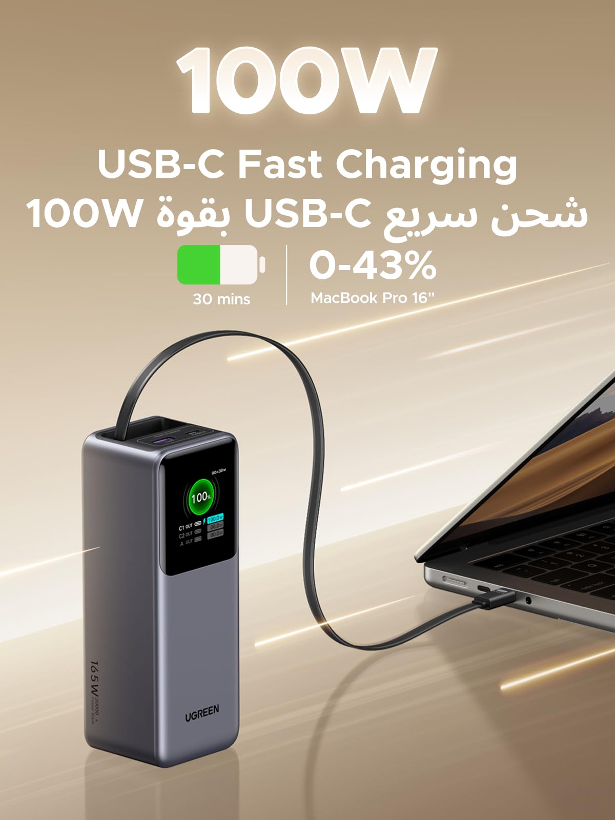 UGREEN Nexode Power Bank 20000mAh 165W with Retractable USB-C Cable