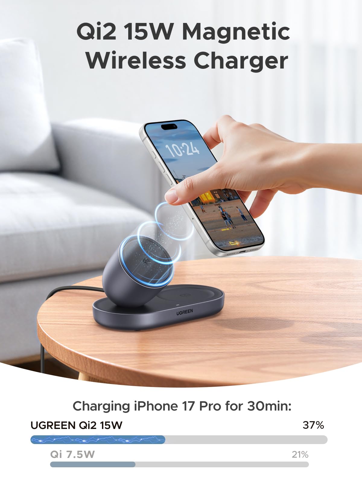 UGREEN  MagFlow Qi2 15W 2-in-1 Wireless Charger