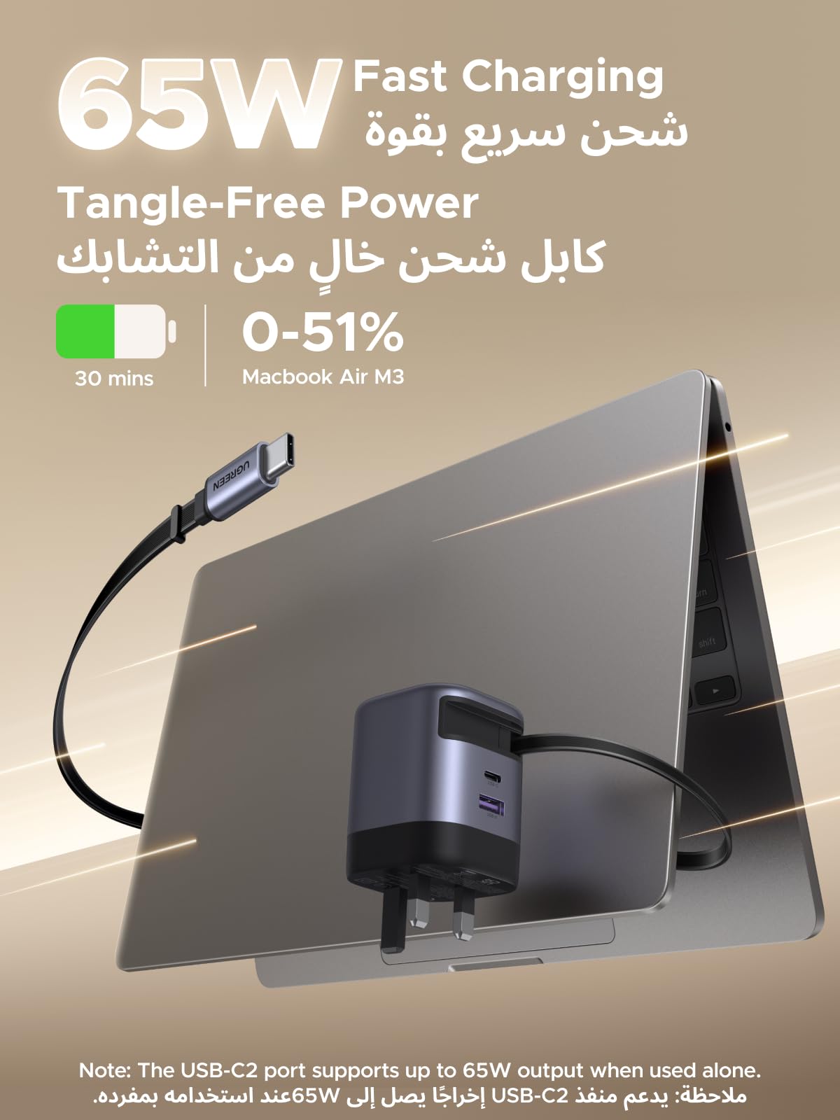 UGREEN Nexode شاحن بكابل USB-C قابل للسحب 65 واط