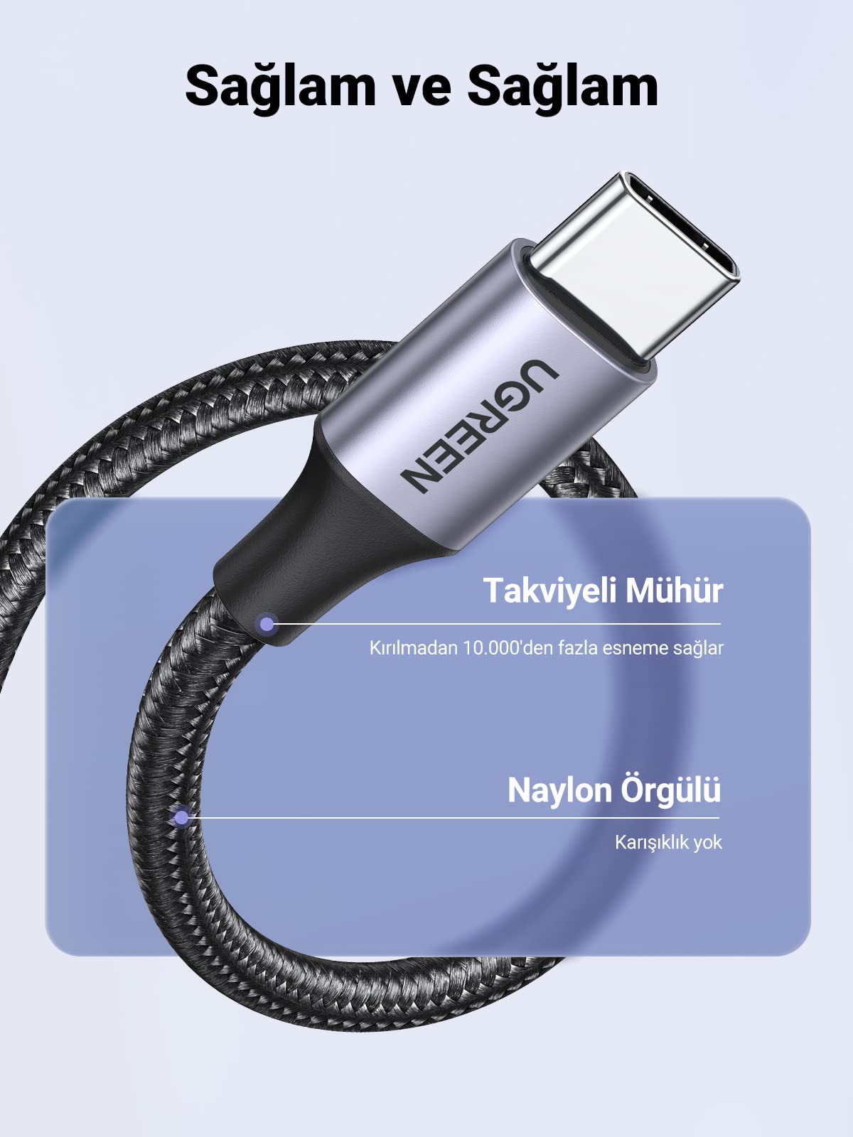 UGREEN USB-A 2.0’dan USB-C’ye Kablo (Nikel Kaplama, Örgü)