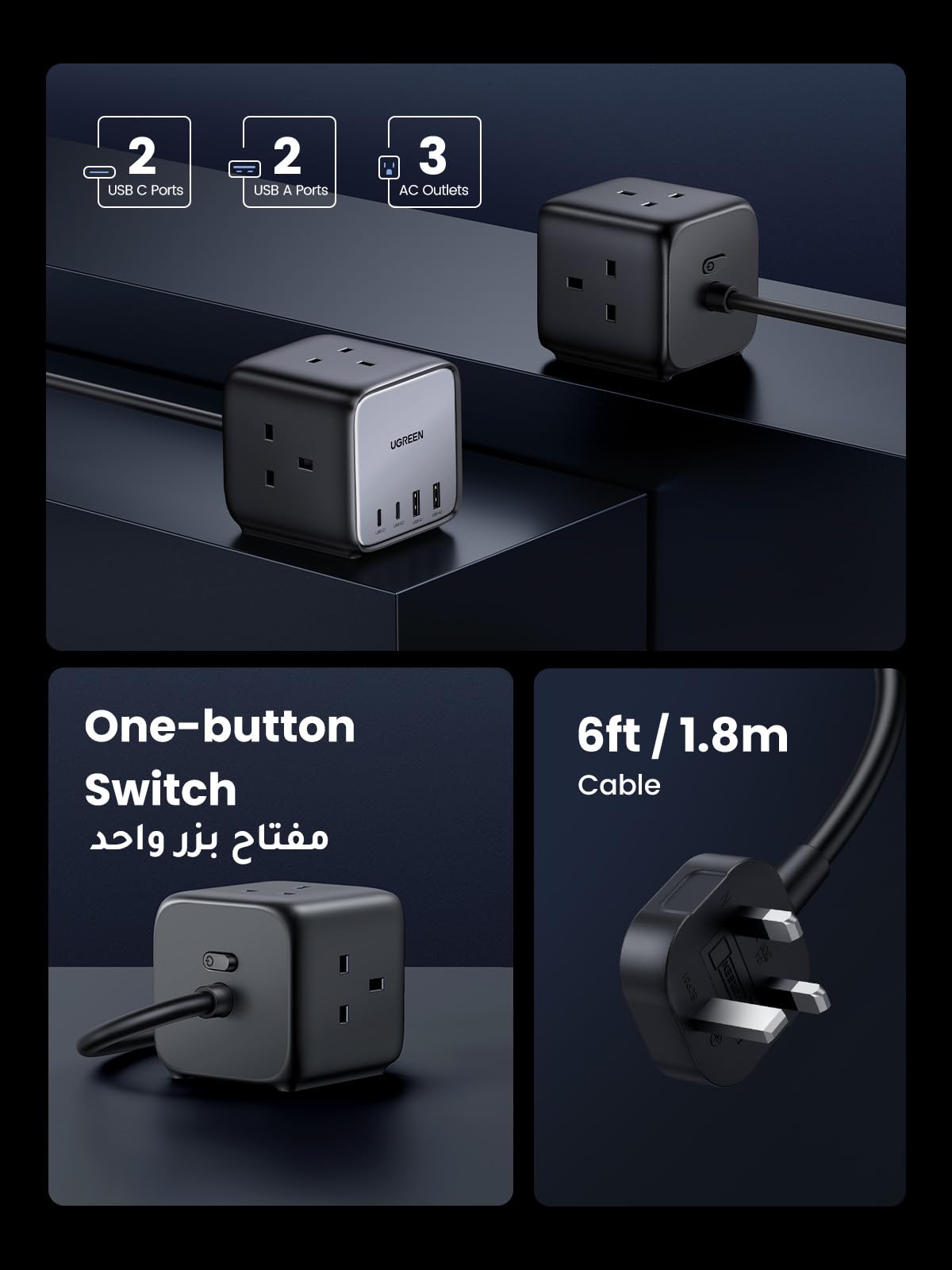 UGREEN Nexode Cube Power Strip 7 in 1 GaN 65W （3AC, 2C2A,1.8M)