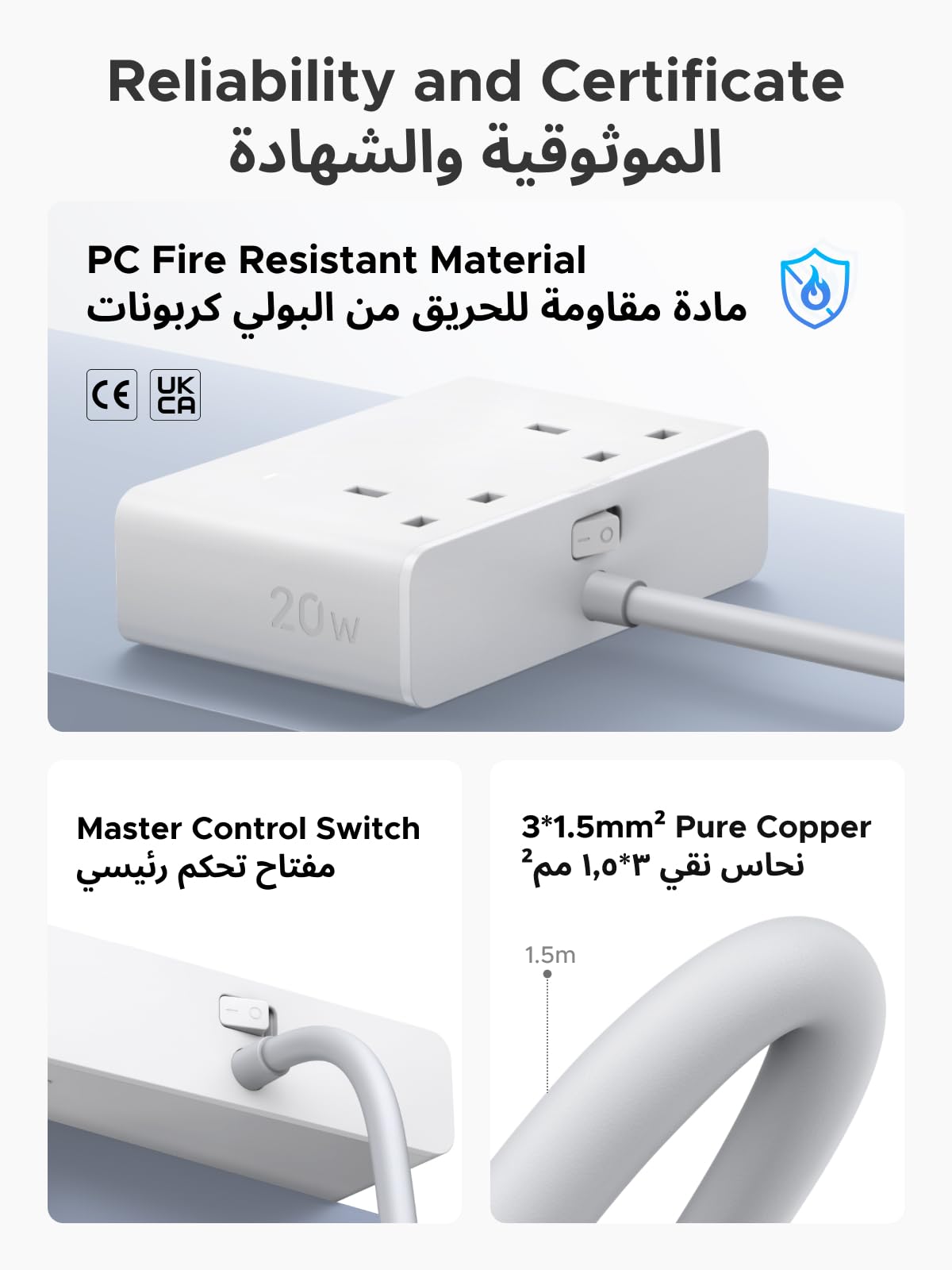 UGREEN شريط طاقة ‏6 في 1 ‏20 واط أبيض (2AC, 3A1C, 1.5متر)