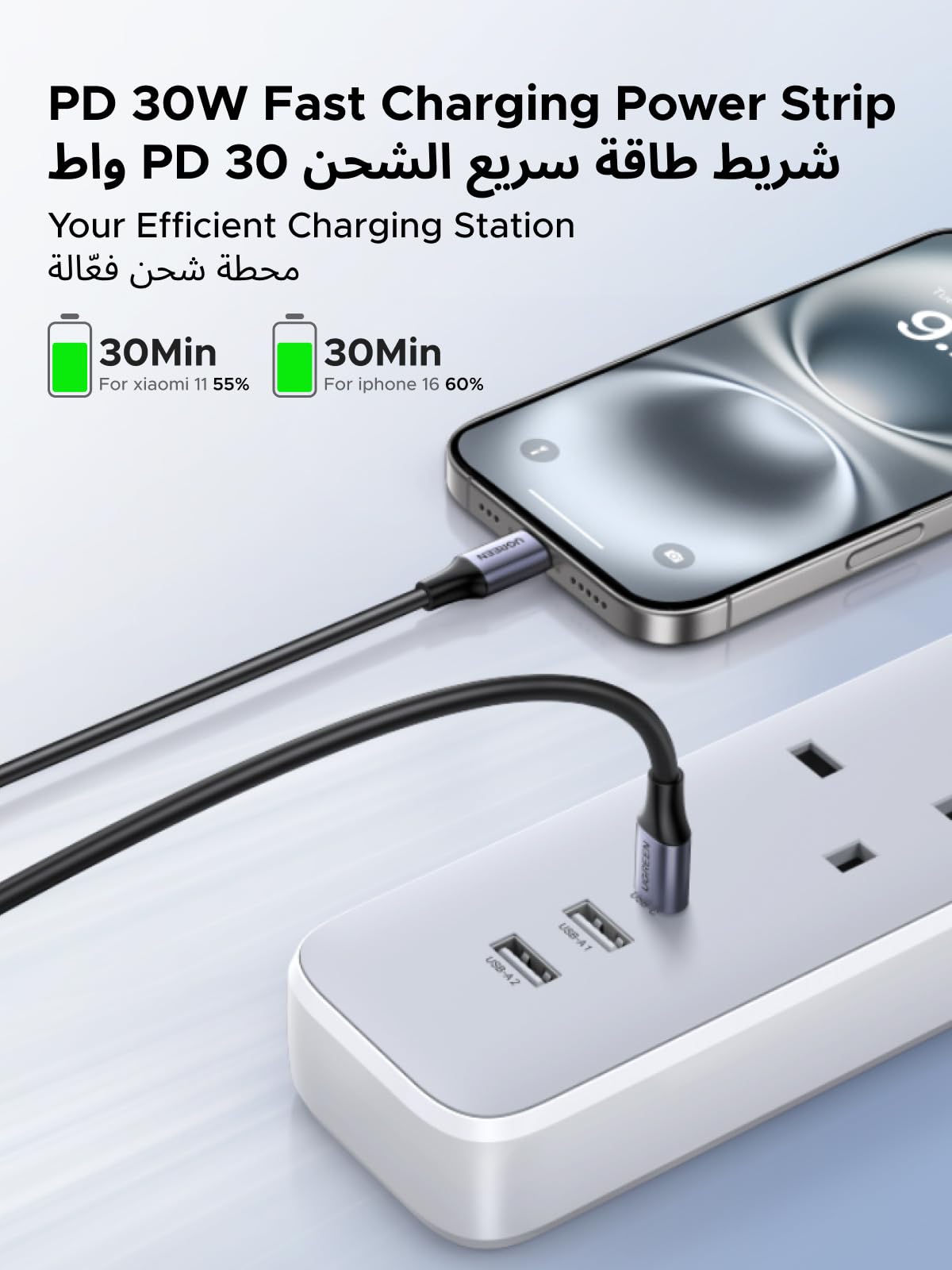 UGREEN مشترك طاقة 6 في 1 PD 30 واط (3AC، 2C1A، 2 متر)