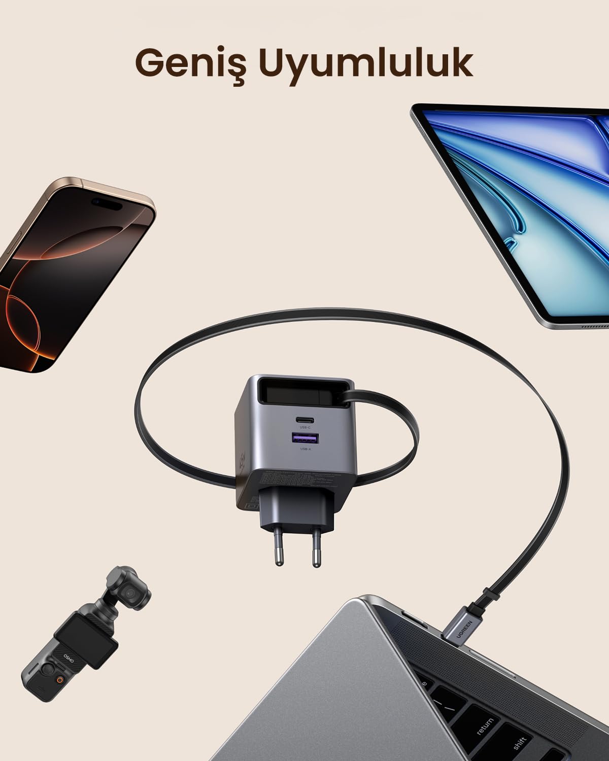 UGREEN Nexode Pro 45W 3 Port Şarj Cihazı (Geri Çekilebilir Kablolu)