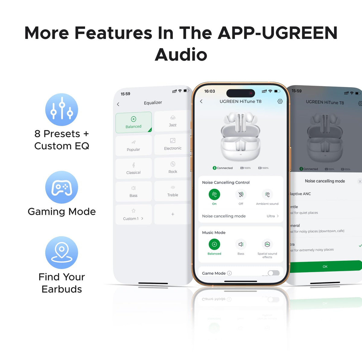 UGREEN EchoBuds Plus Earbuds 55dB Adaptive ANC 50H Playback Headsets Black