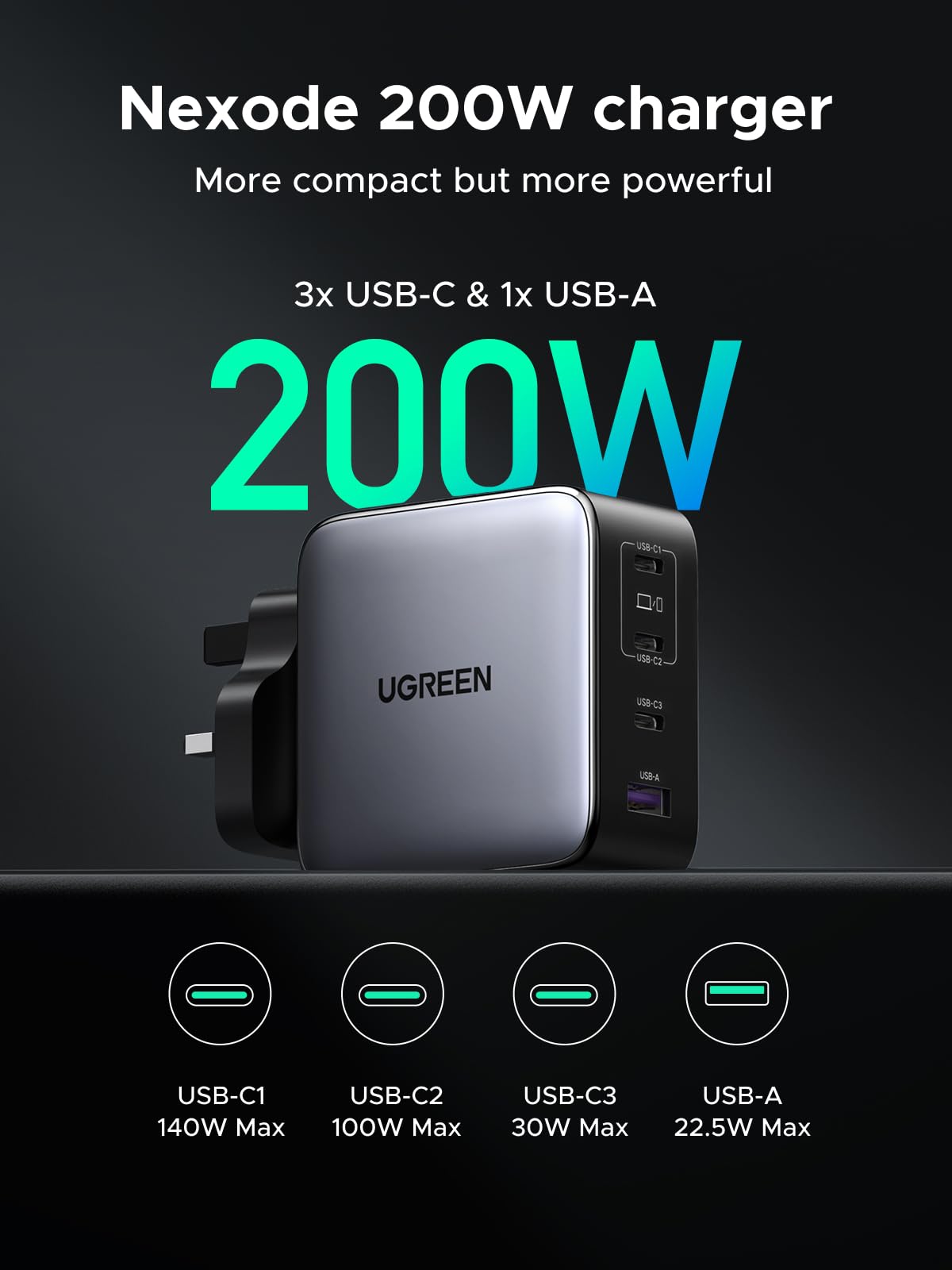 スマホアクセサリー UGREEN 4-Port GaN Fast Charger 200W UGREEN Nexode Charger GaN Fast 4-Port 200W – UGREEN Official Site