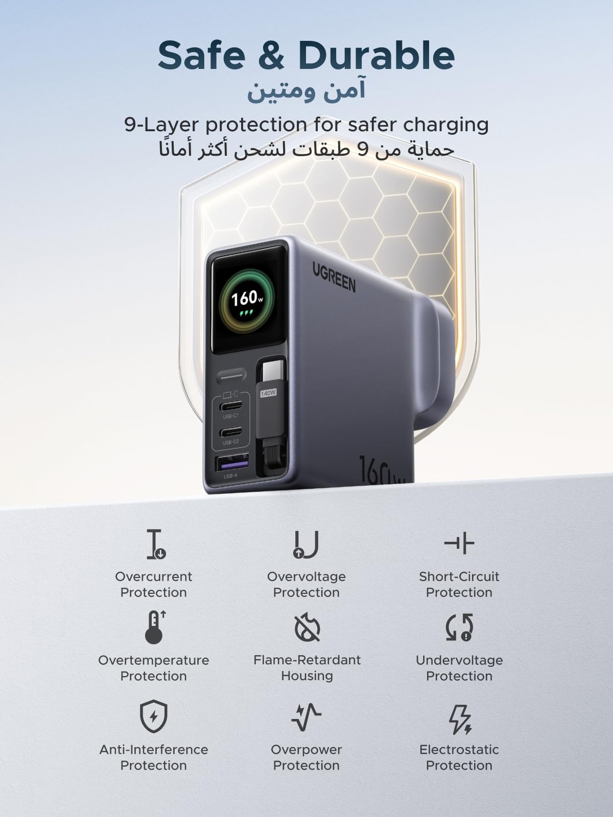 شاحن UGREEN Nexode Pro بقوة 160 واط مع كابل USB-C قابل للسحب