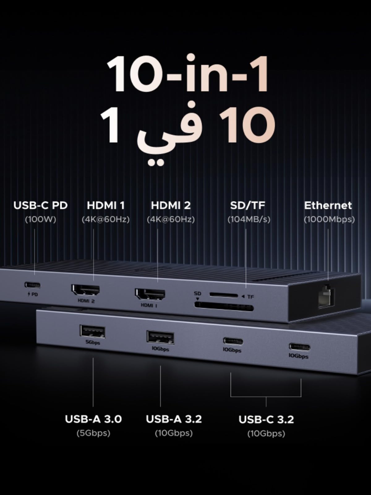 UGREEN Revodok Pro 2102 USB-C Hub 10-in-1 (2 × 4K@60Hz, 10 Gbps )