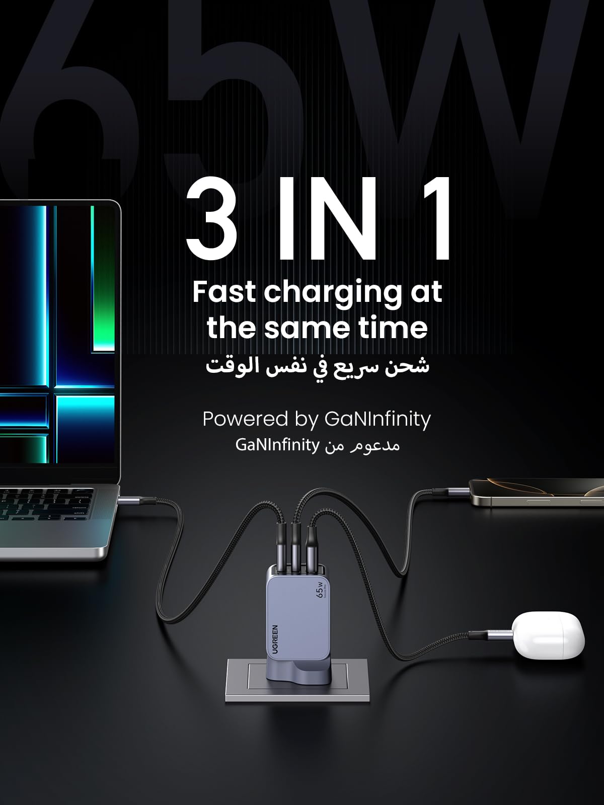 UGREEN Nexode Pro شاحن GaN سريع ثلاثة منافذ 65 واط
