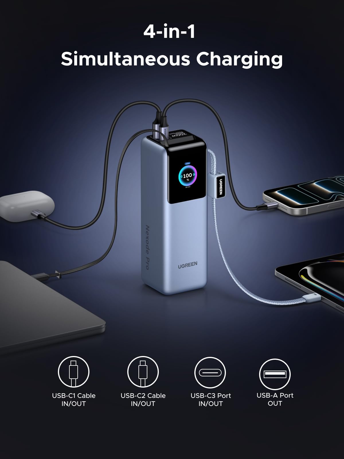 UGREEN Nexode باور بنك ‎25000‎ مللي أمبير ‎200‎ واط مع كابل USB-C قابل للسحب