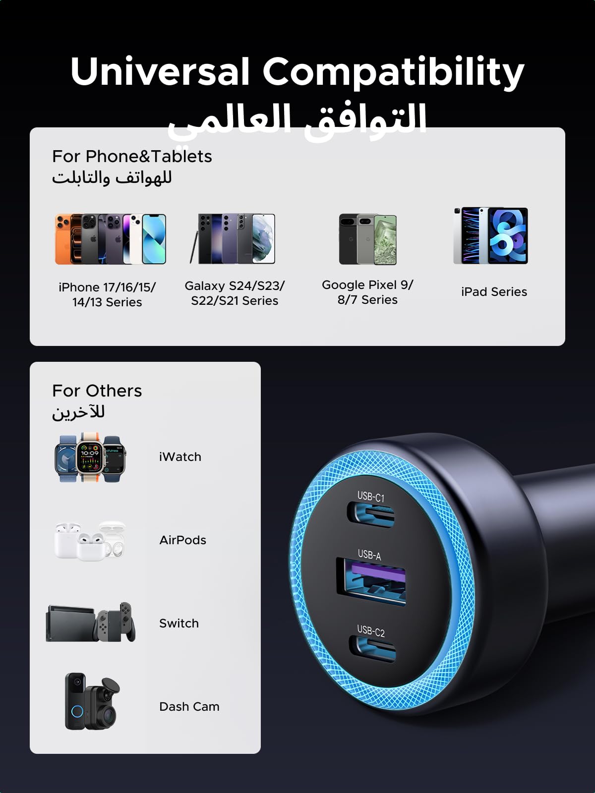 UGREEN شاحن سيارة 3 منافذ 30 واط (2C1A)