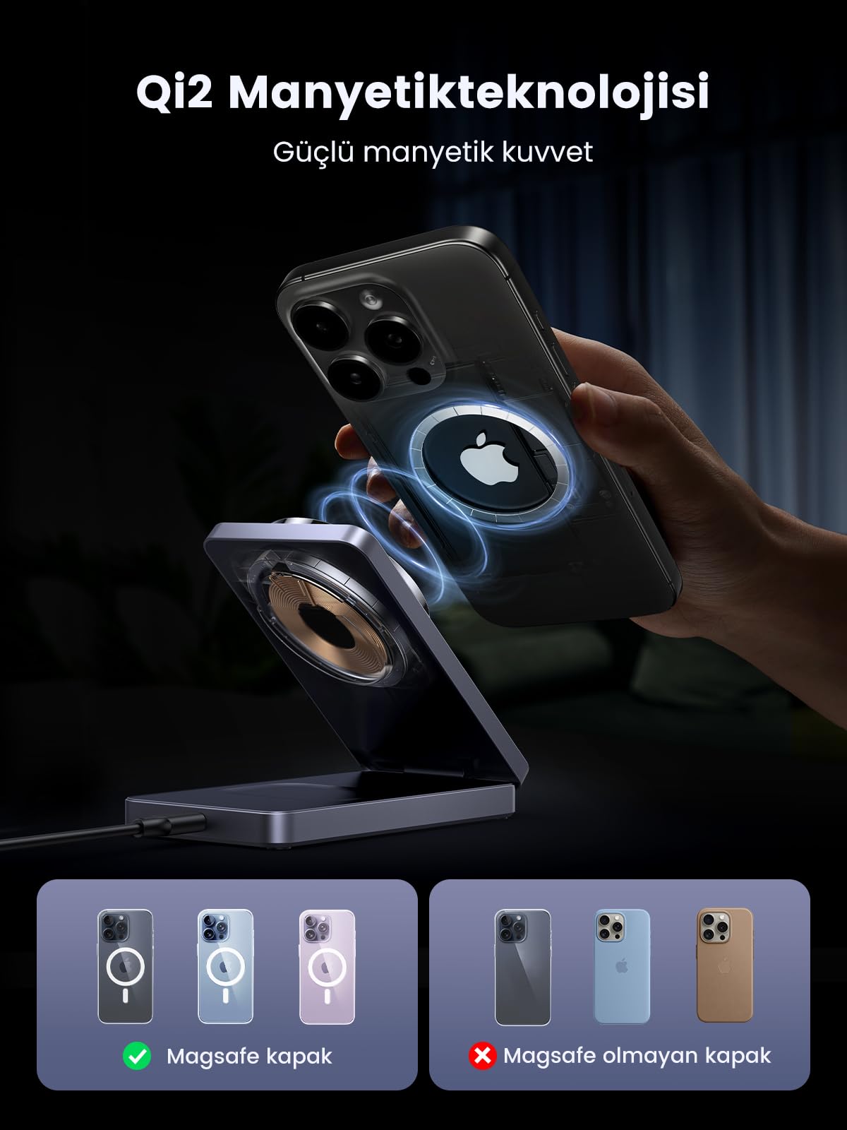 UGREEN 2’si 1 Arada Manyetik Kablosuz Şarj Cihazı Qi2 20W (Katlanabilir Fişli)