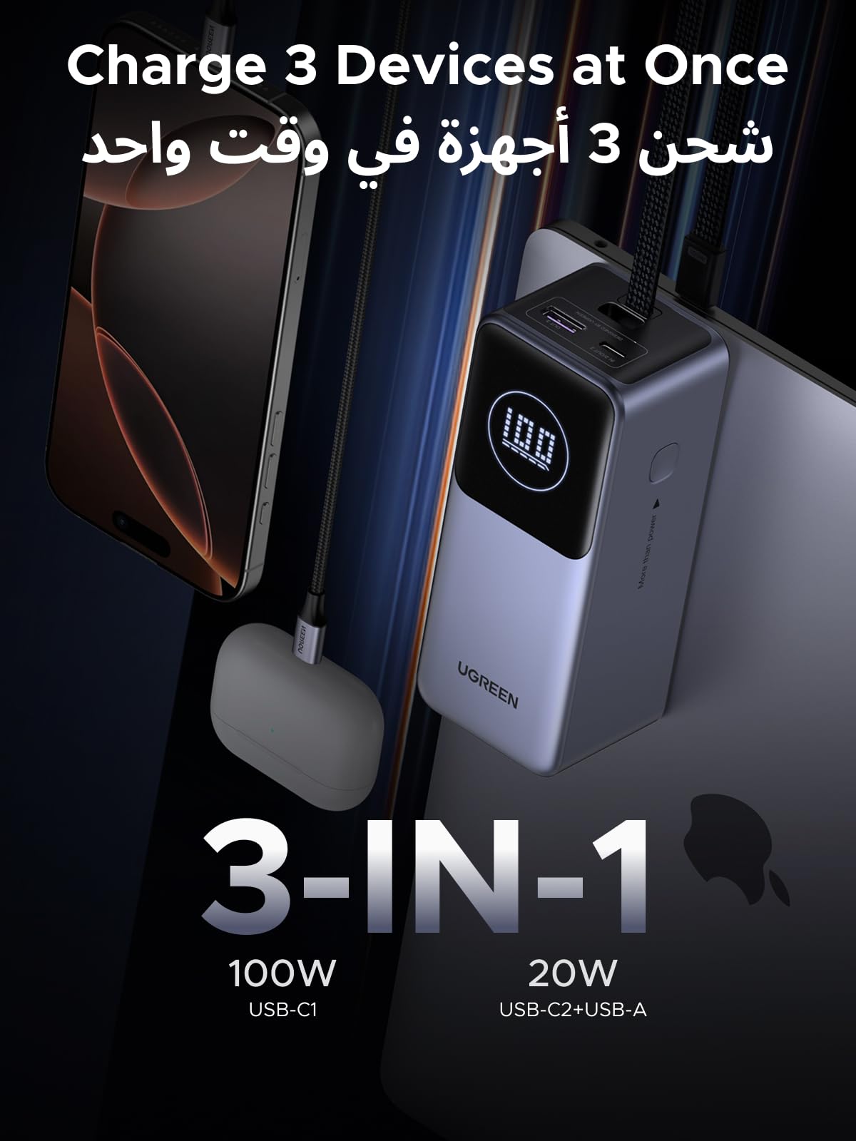 UGREEN Nexode Pro باور بنك ‎20000‎ مللي أمبير ‎130‎ واط مع كابل USB-C مدمج