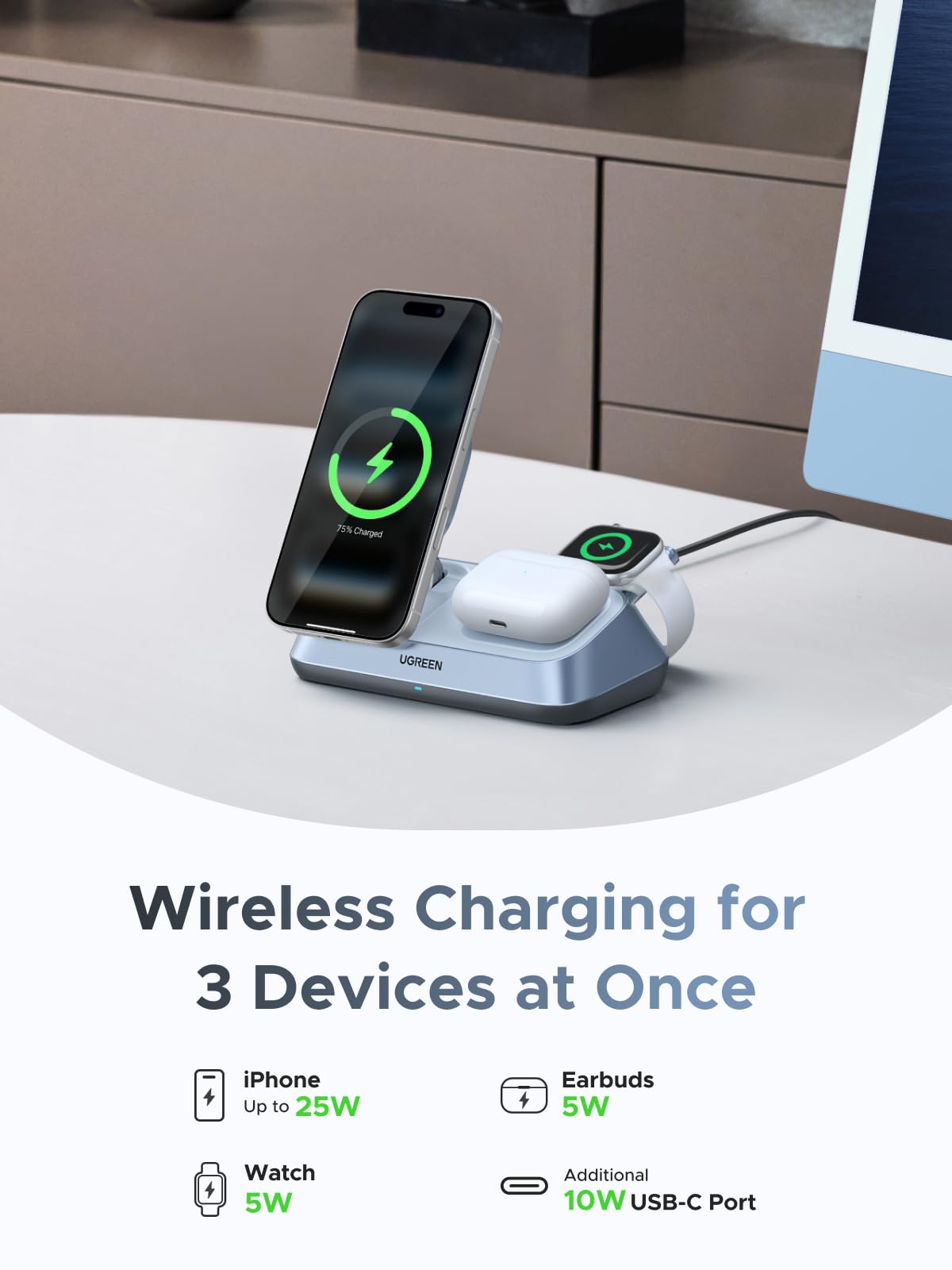 UGREEN MagFlow Wireless Charger 3-in-1 desktop wireless charger