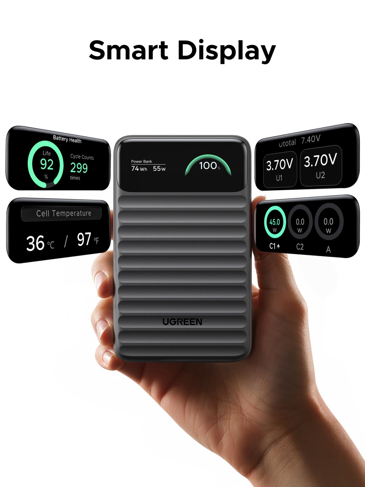 Sạc dự phòng UGREEN Nexode 20000mAh 45W tích hợp cáp USB-C và màn hình thông minh