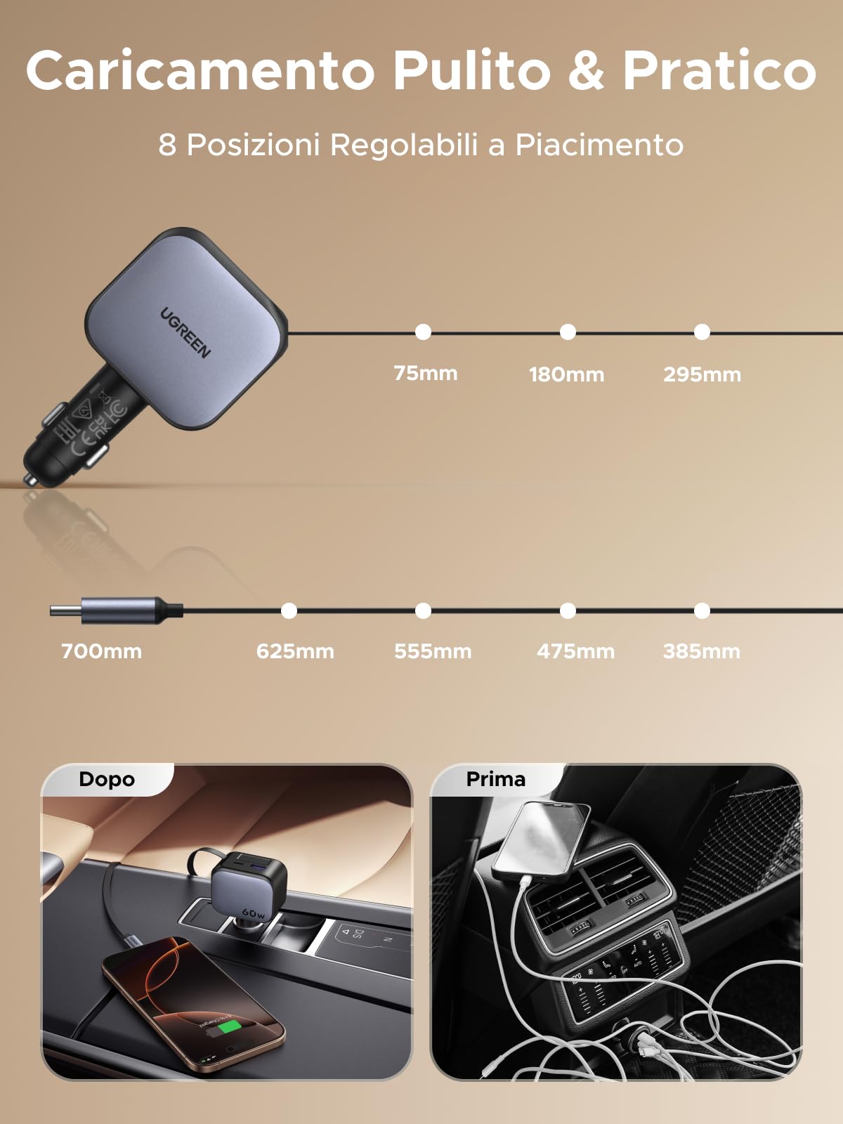 UGREEN 60W Retrattile Caricatore Auto, Caricabatteria Accendisigari USB C 3 Porta Ricarica Rapida