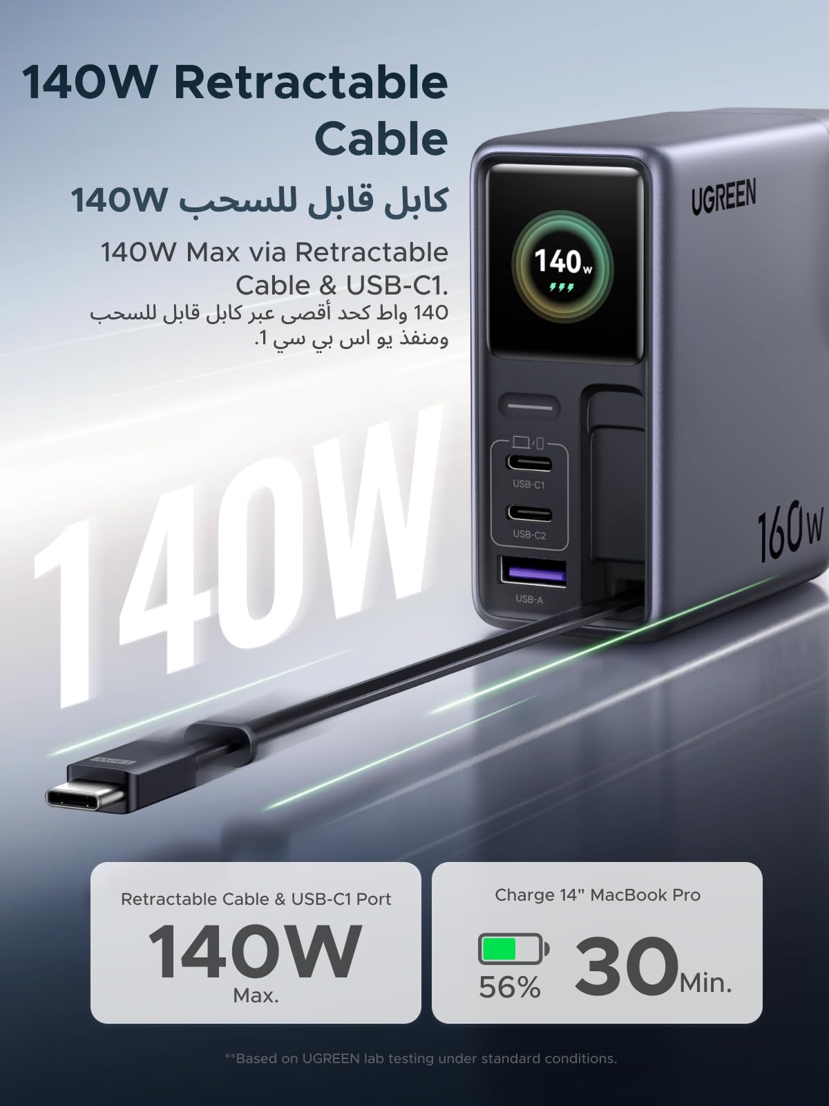شاحن UGREEN Nexode Pro بقوة 160 واط مع كابل USB-C قابل للسحب