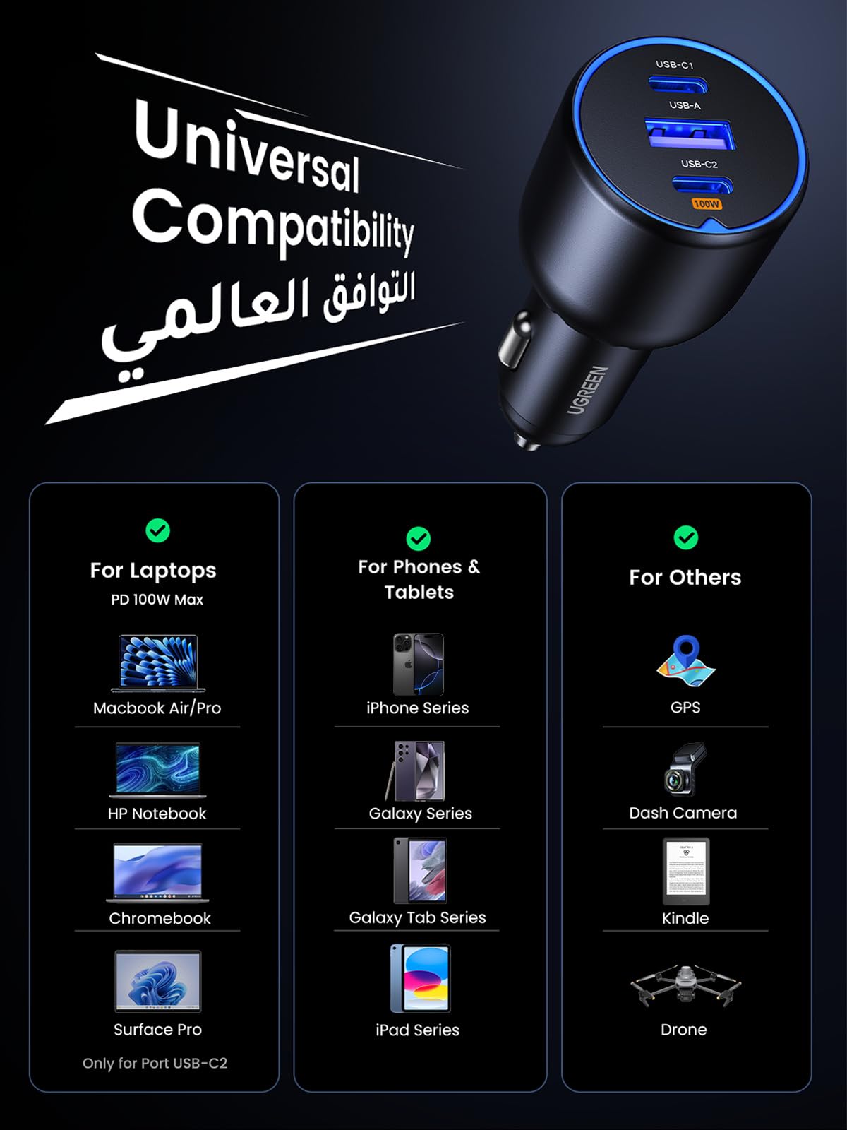 UGREEN Car Charger 3 Port 130W (2C1A)