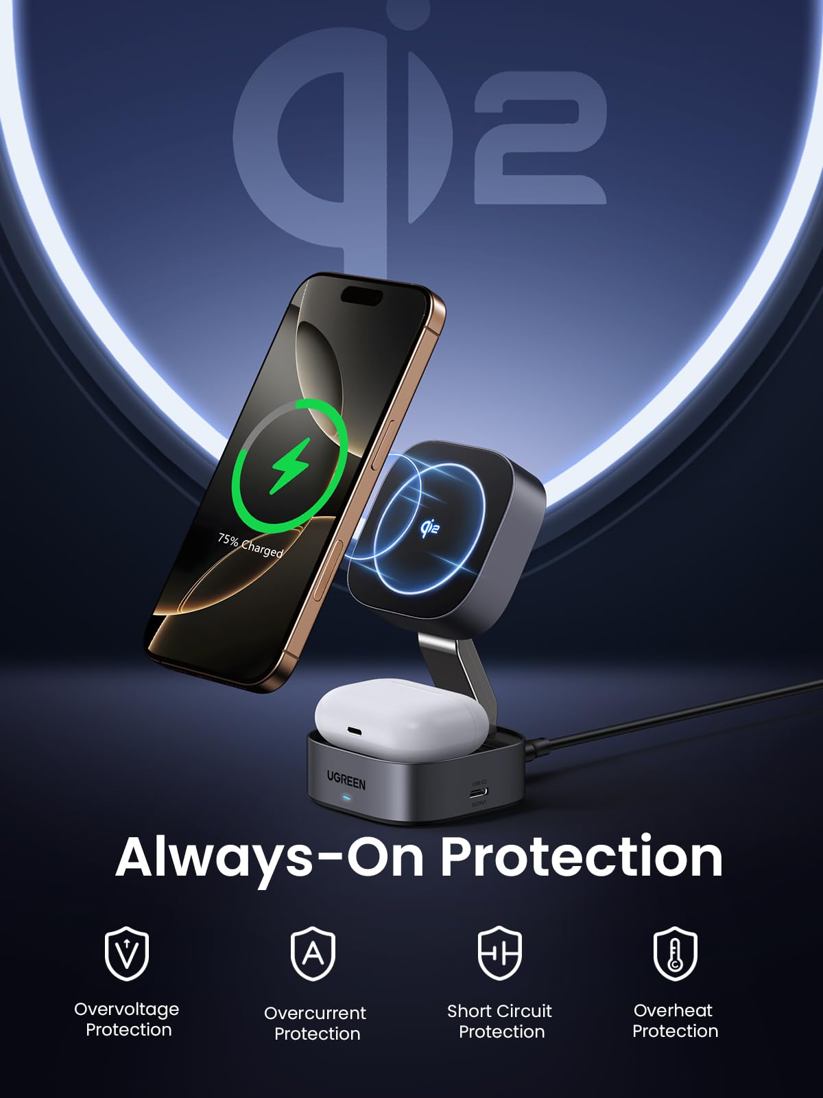 UGREEN  MagFlow Qi2 15W 2-in-1 Wireless Charger