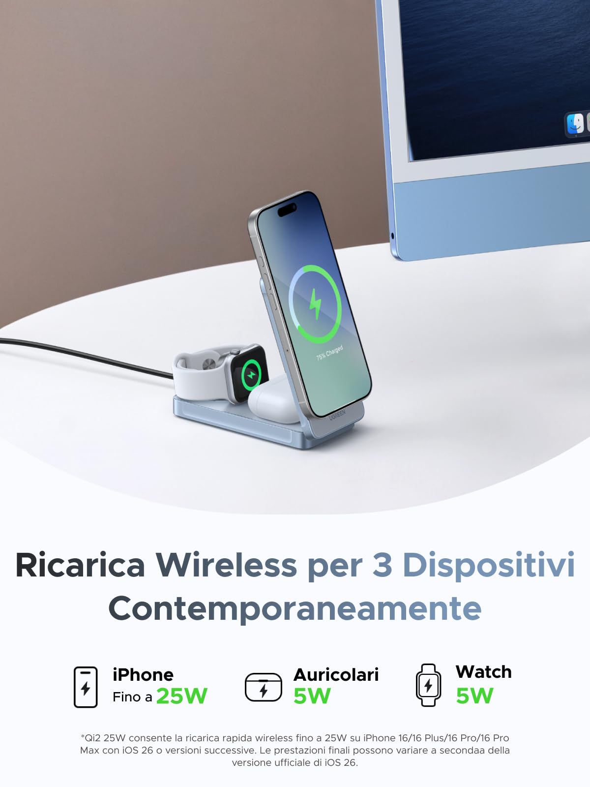 UGREEN MagFlow 3 in 1 Qi2 25W Caricatore Wireless