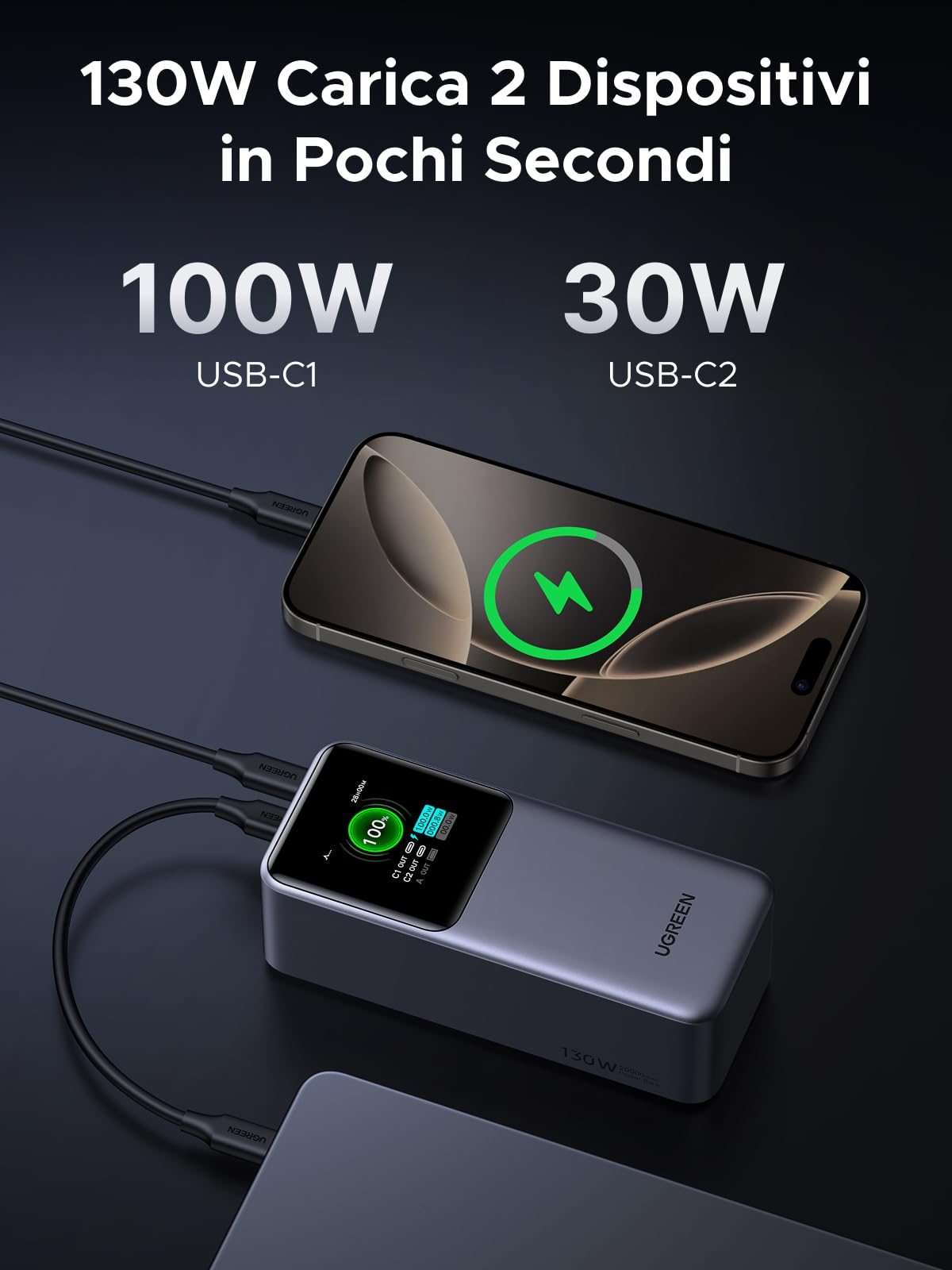UGREEN Nexode Power Bank 20000mAh 130W, Batteria Portatile Ricarica Rapida PD 3.0 con 2 Type C e 1 Tipo A
