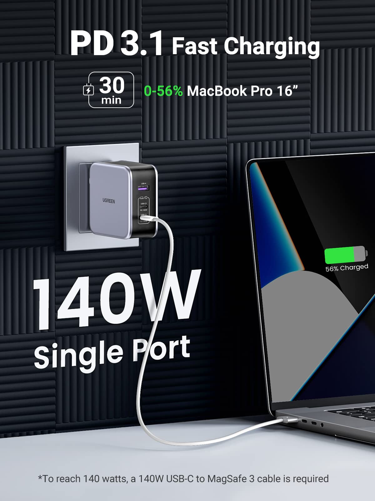 UGREEN Nexode 140W 3-Port Charger with Retractable USB-C Cable