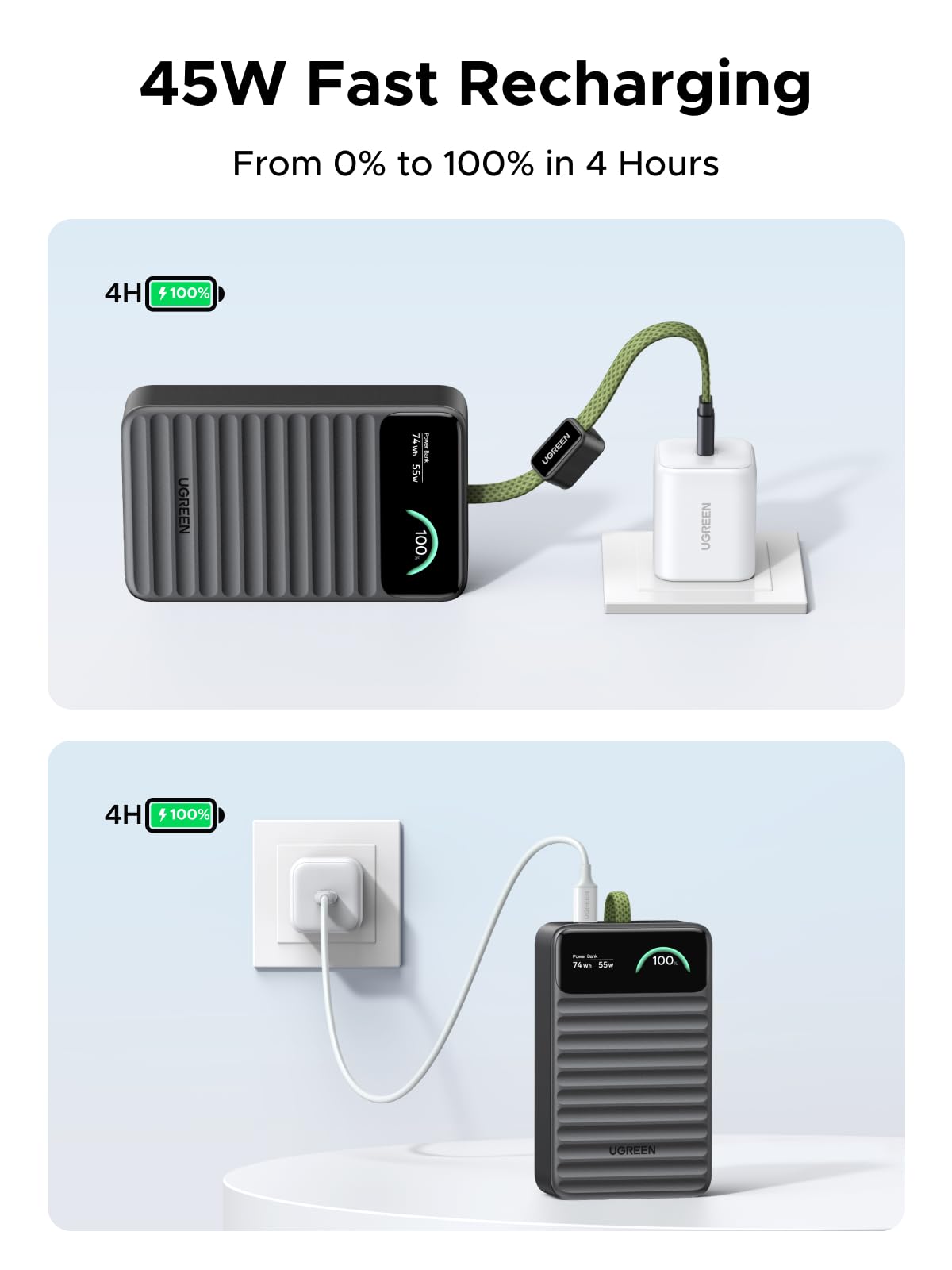 UGREEN Nexode Power Bank 20000mAh 45W with Built-in USB-C Cable Smart Display
