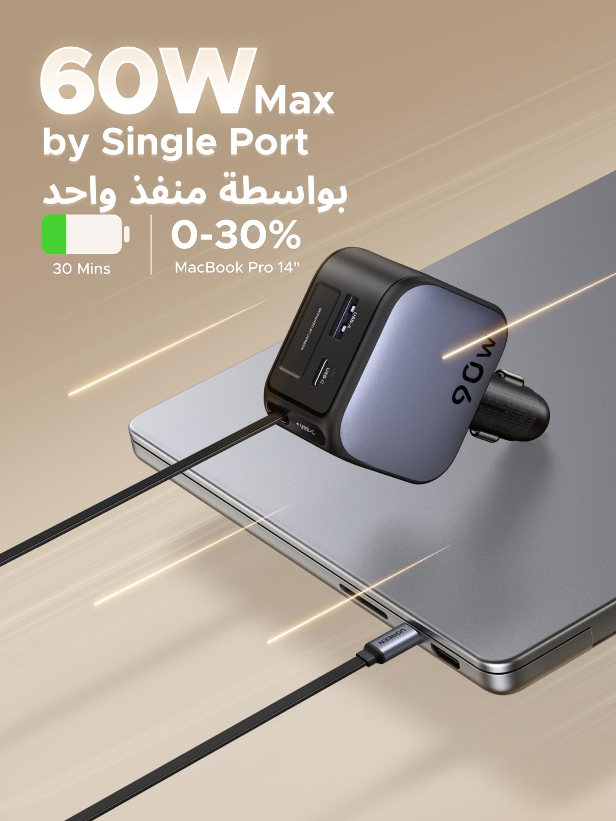 UGREEN Nexode Car Charger 90W with Retractable USB-C Cable