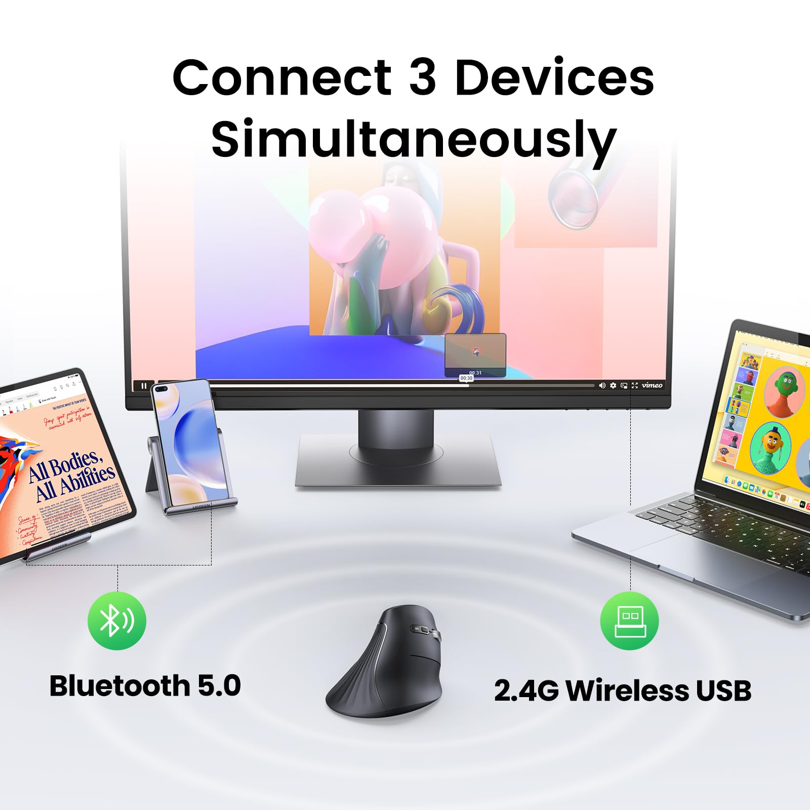 UGREEN Dikey Kablosuz Mouse 2.4G (Siyah)