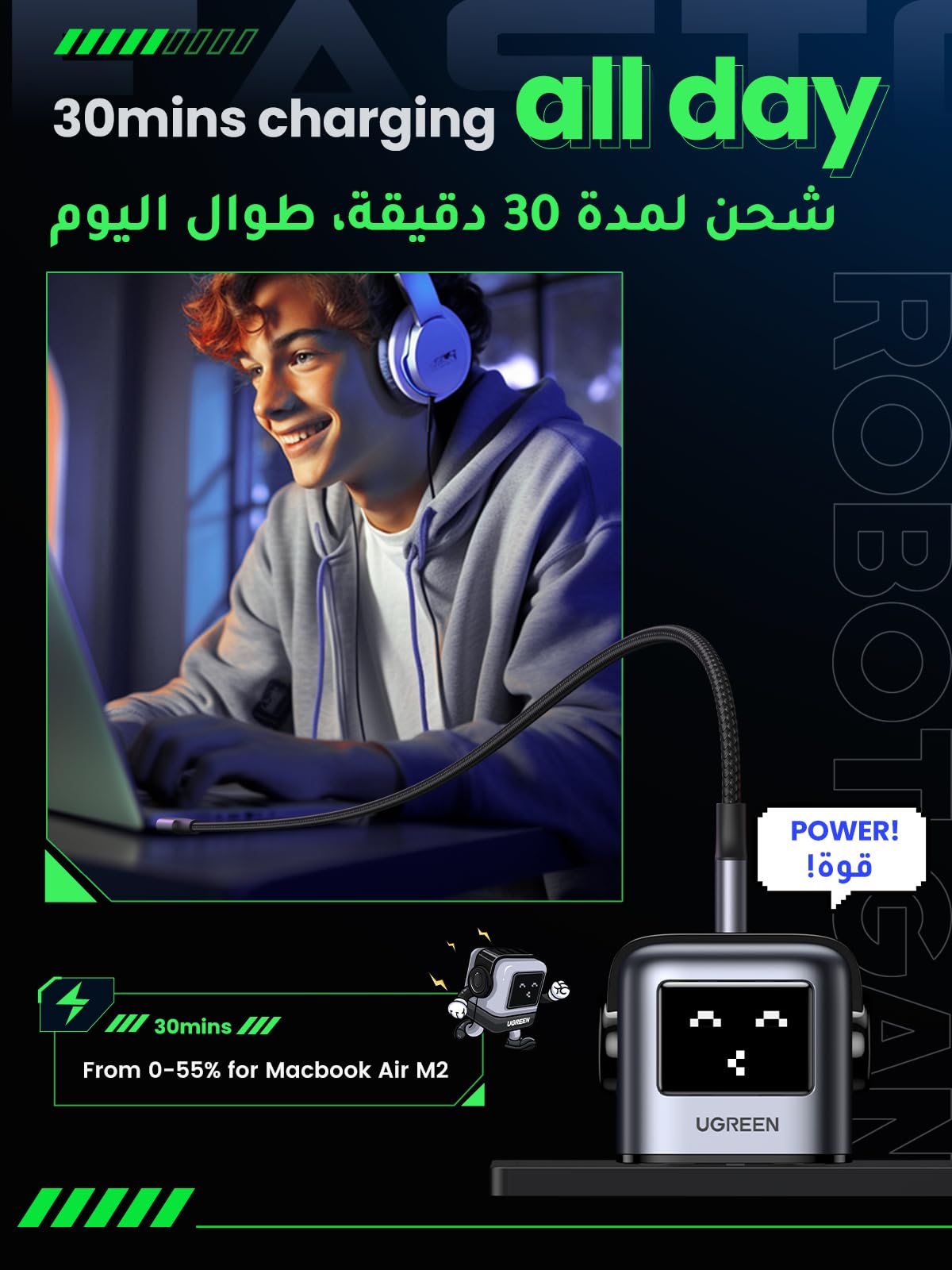 UGREEN Uno شاحن 65 واط (أسود)