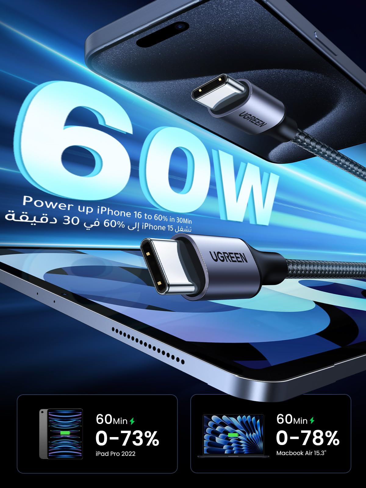 UGREEN كابل USB-C بقدرة 60 واط بسرعة 480 ميجابت/ث