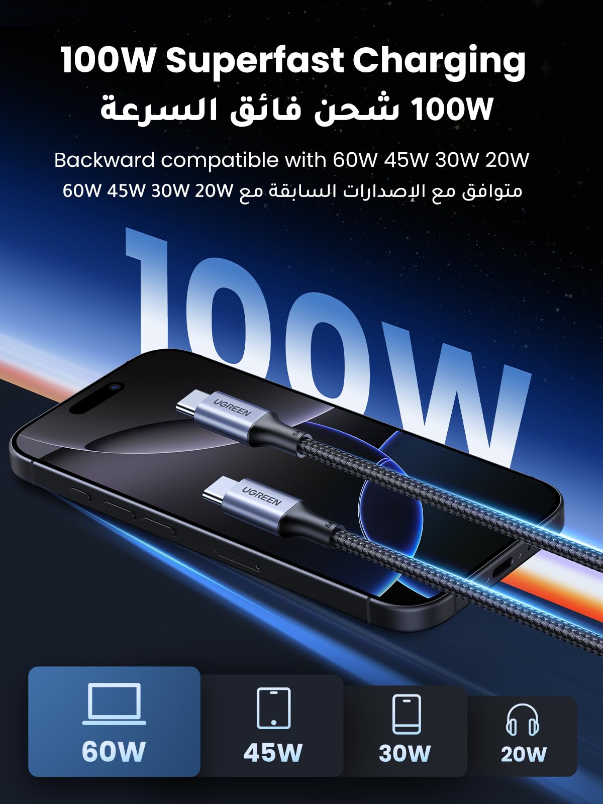 UGREEN كابل USB-C بقدرة 100 واط بطول 2 متر مضفّر