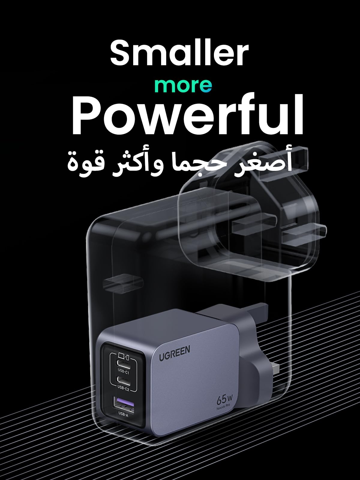 UGREEN Nexode Pro شاحن GaN سريع ثلاثة منافذ 65 واط