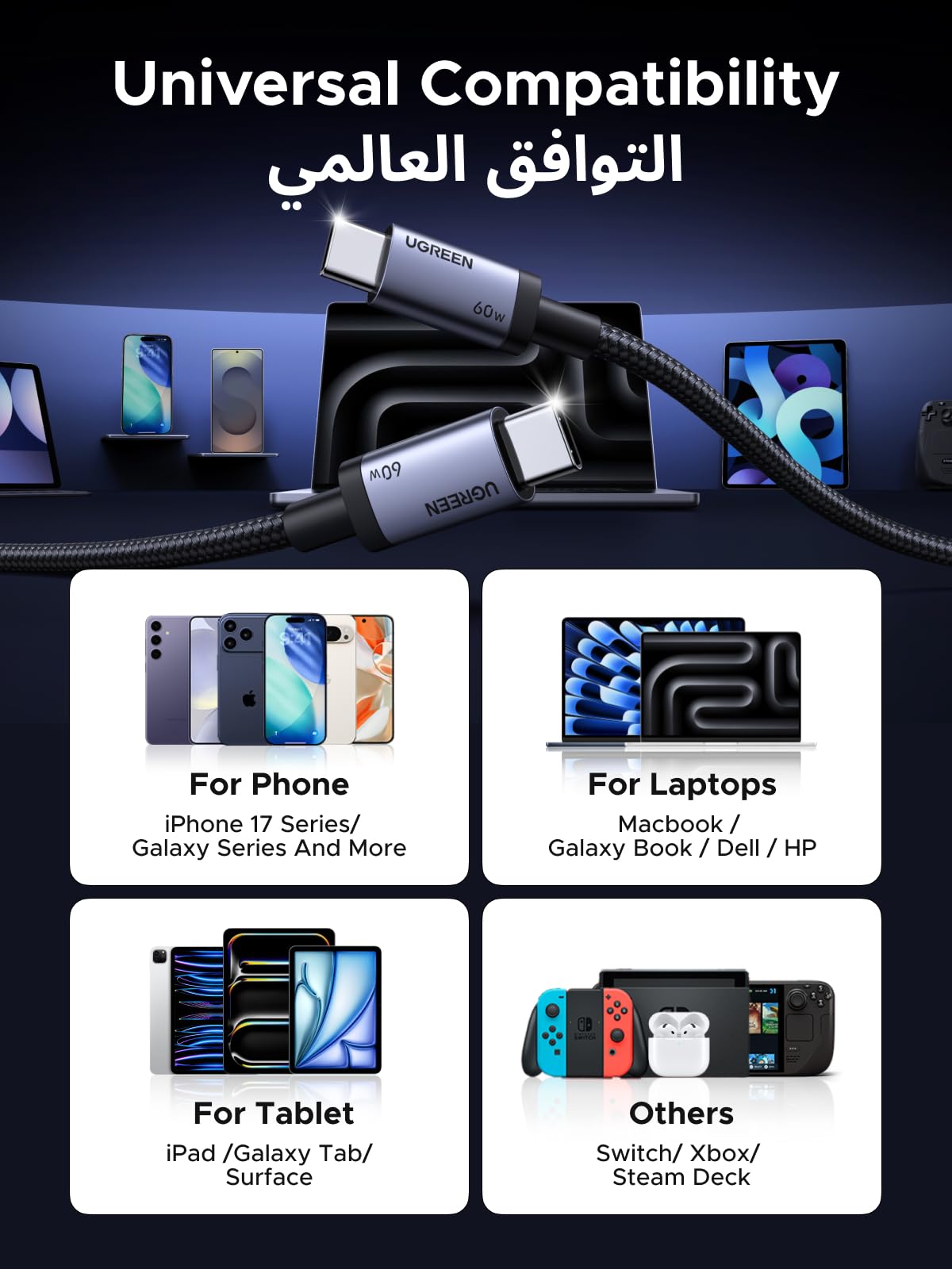 UGREEN كابل USB-C بقدرة 60 واط بسرعة 480 ميجابت/ث