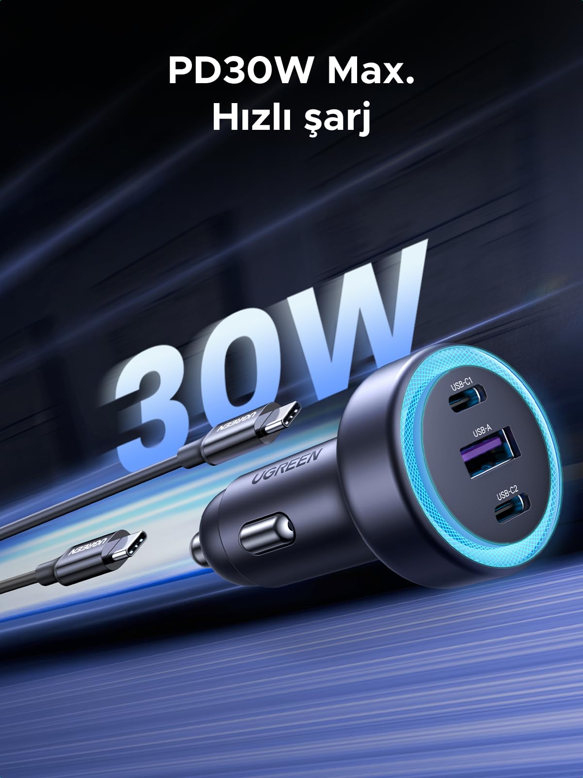 UGREEN 30W 3 Port Araç Şarj Cihazı