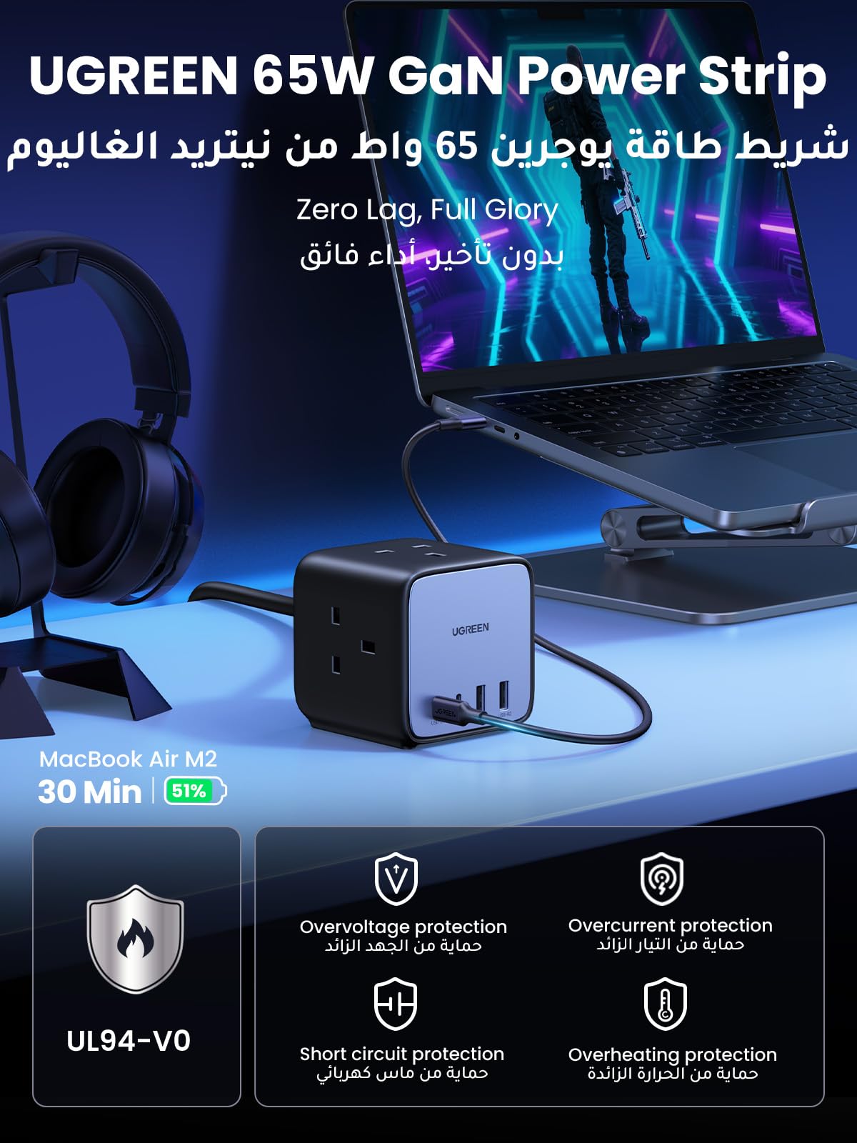 UGREEN Nexode مكعب مشترك طاقة 7 في 1 GaN 65 واط (3AC، 2C2A، 1.8 متر)