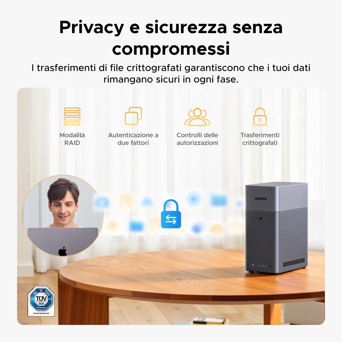 UGREEN NASync DH2300 NAS desktop a 2 alloggiamenti, LAN 1 GbE, 4 GB RAM, connessione NFC One-Touch