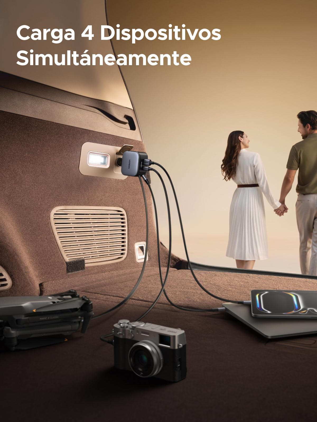 UGREEN 145W Cargador Coche Retráctil Carga Rápida 4 Puertas con Cable Retractil