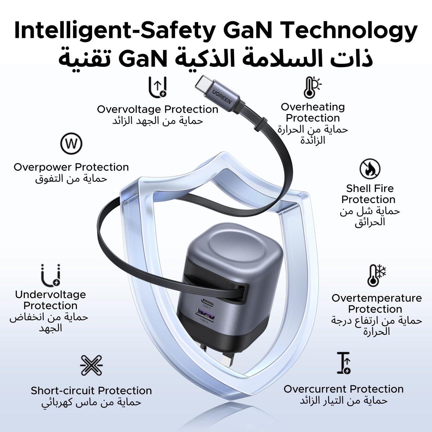 UGREEN Nexode شاحن بكابل USB-C قابل للسحب 45 واط