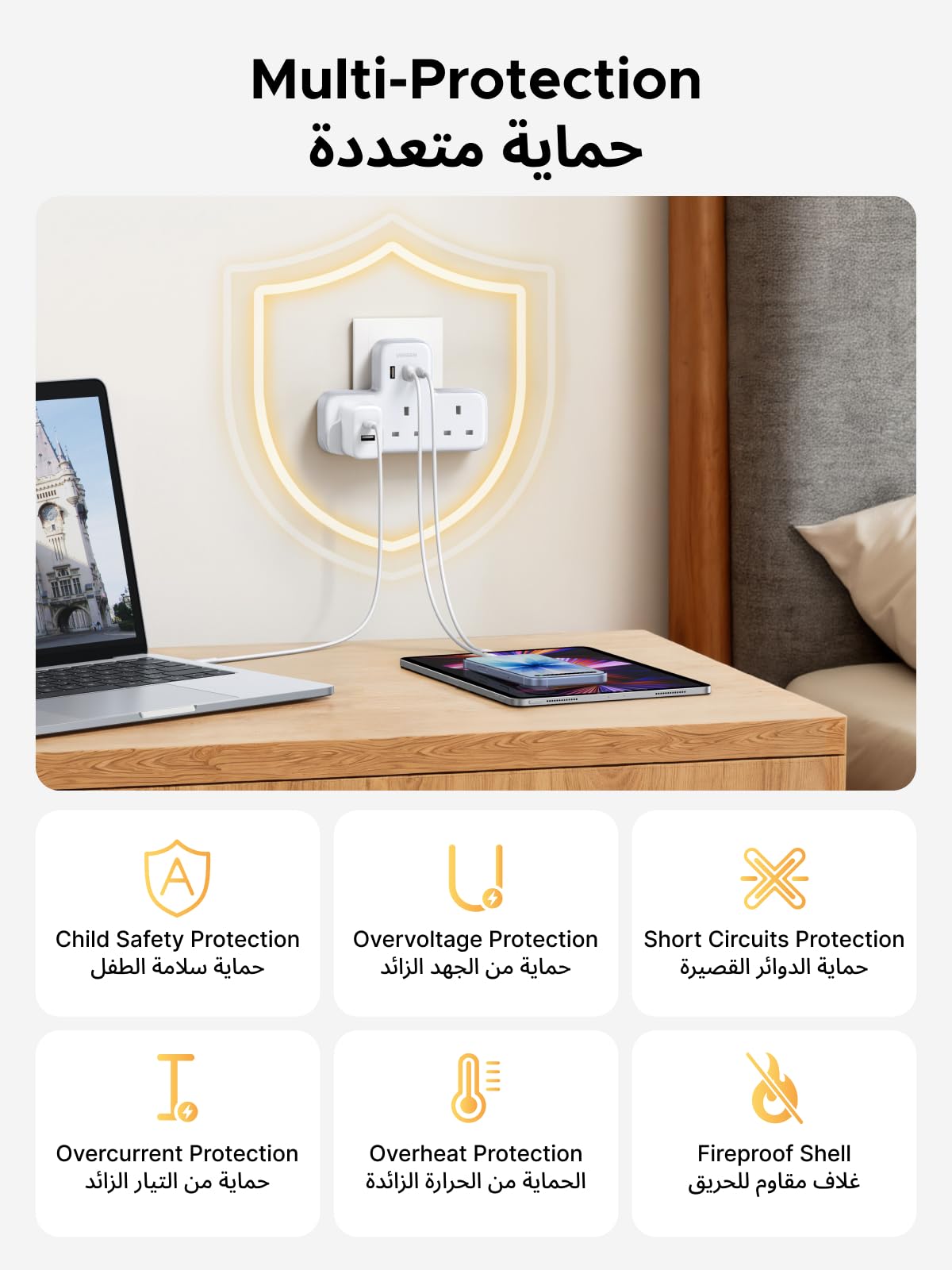 UGREEN شريط طاقة ‏6 في 1 أبيض (3AC, 2A1C)