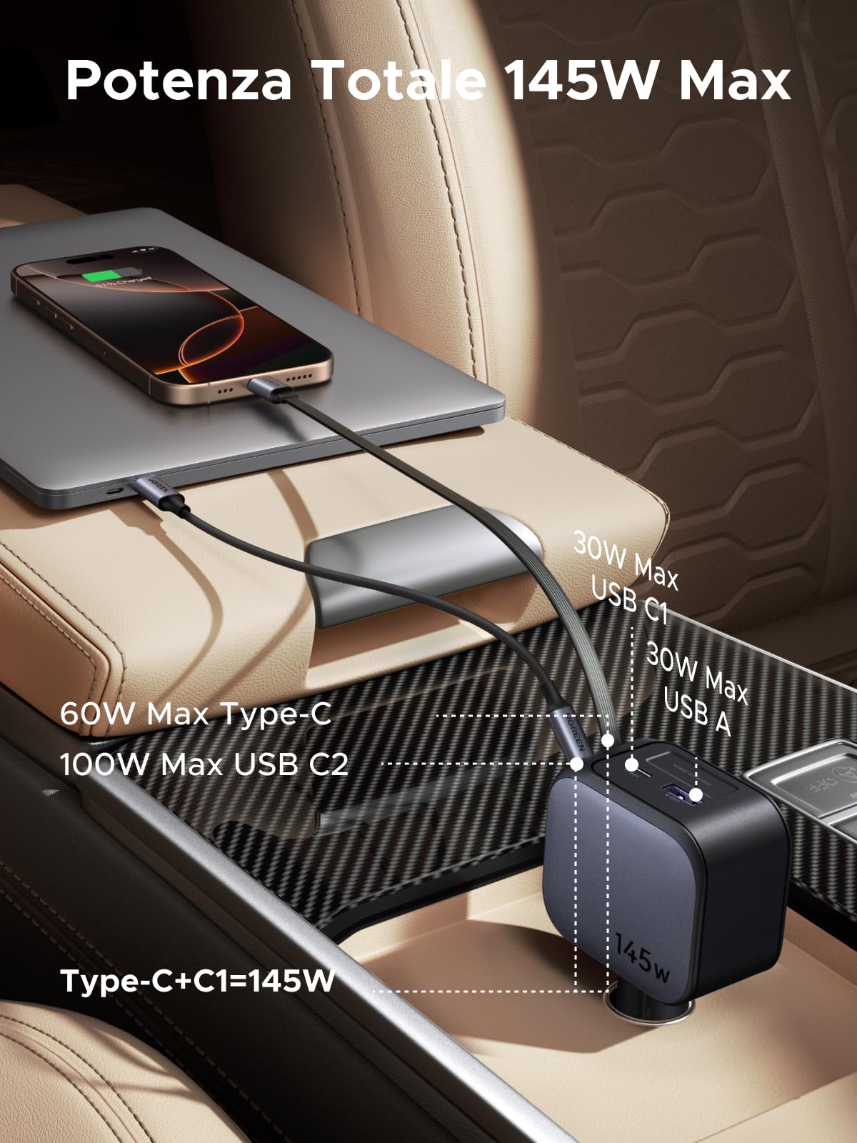 UGREEN 145W Retrattile Caricatore Auto, Caricabatteria Accendisigari USB C Ricarica Rapida 4 Porta