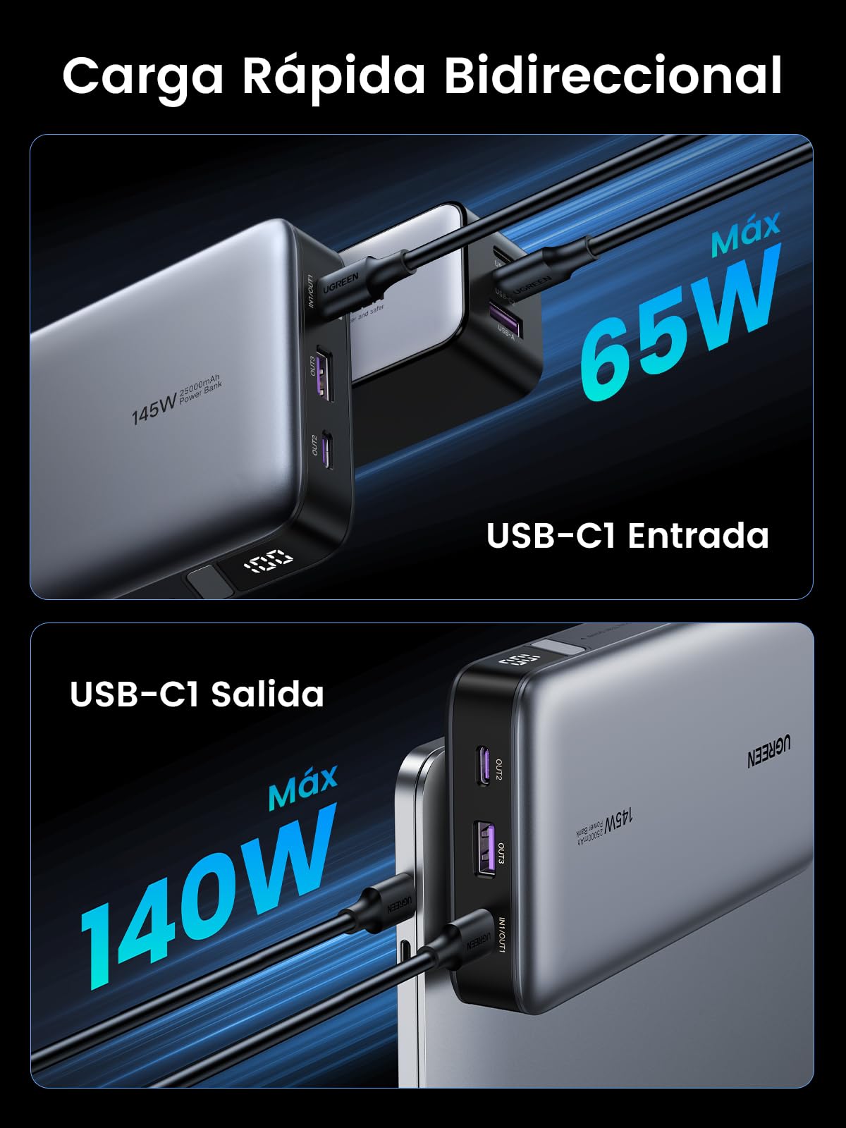 UGREEN Nexode Power Bank 145W 25000mAh, Cargador Portátil con Carga Rápida 140W con Pantalla