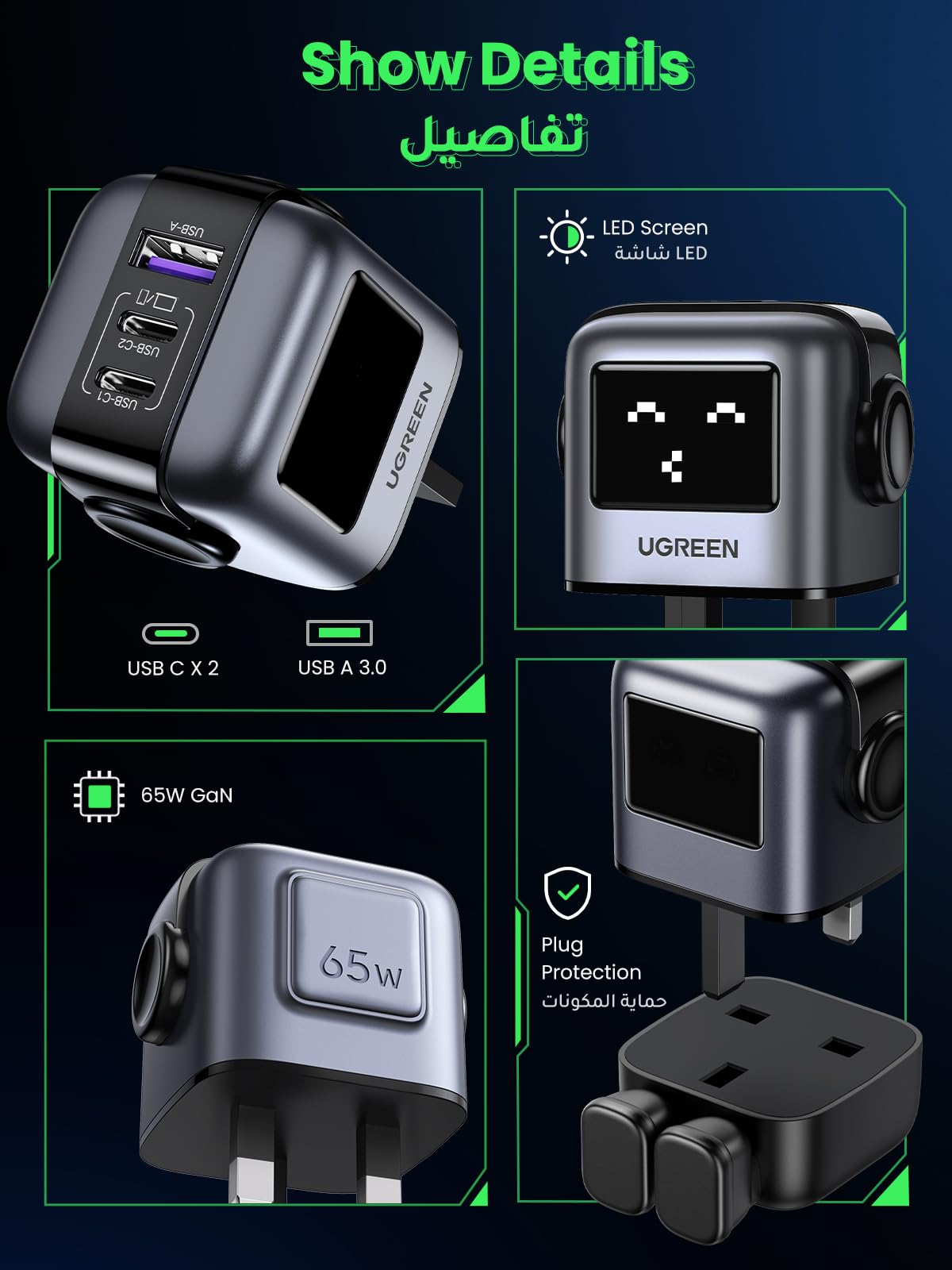 UGREEN Nexode Robot pantalla LED y puertos USB