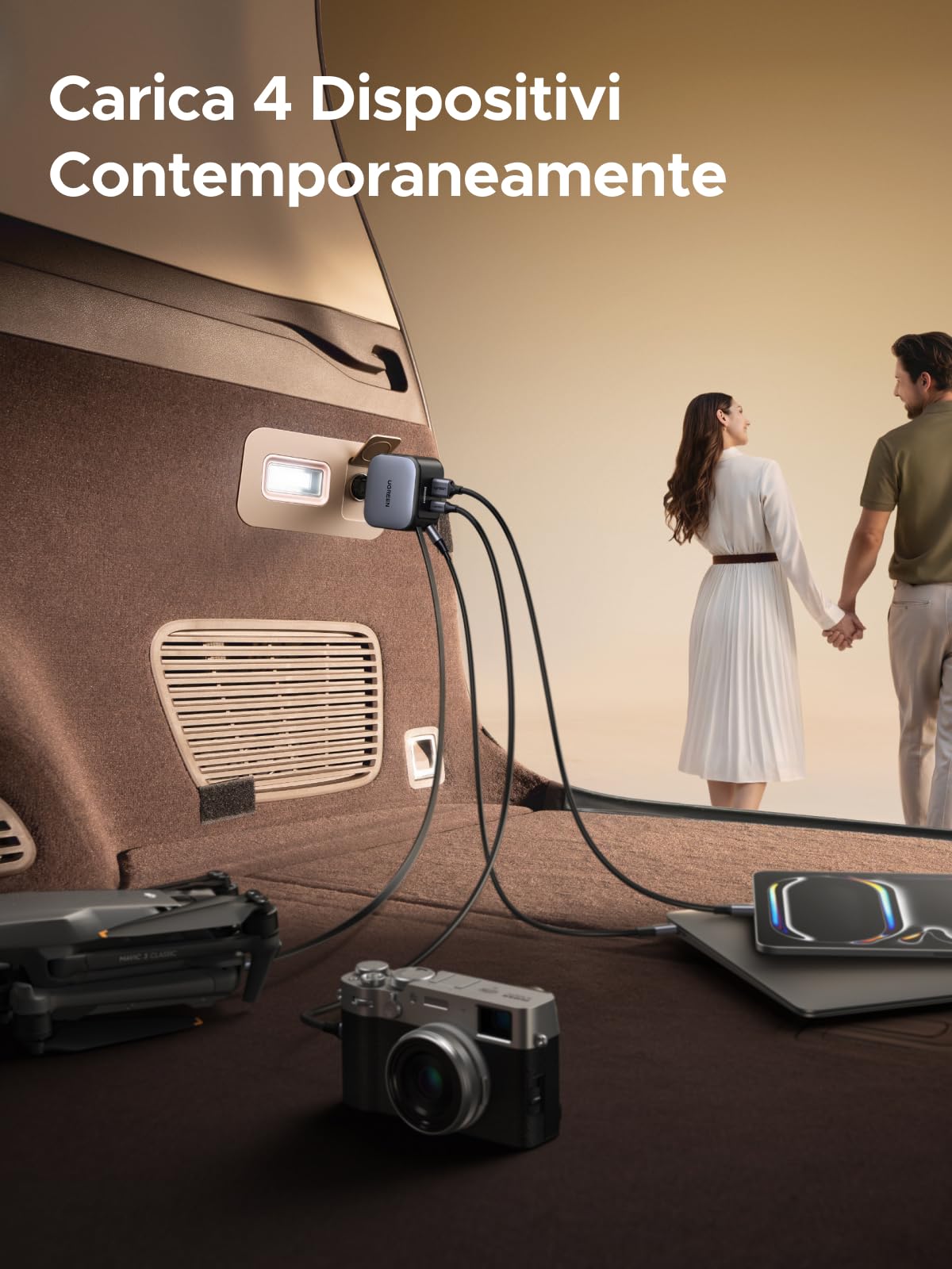 UGREEN 145W Retrattile Caricatore Auto, Caricabatteria Accendisigari USB C Ricarica Rapida 4 Porta