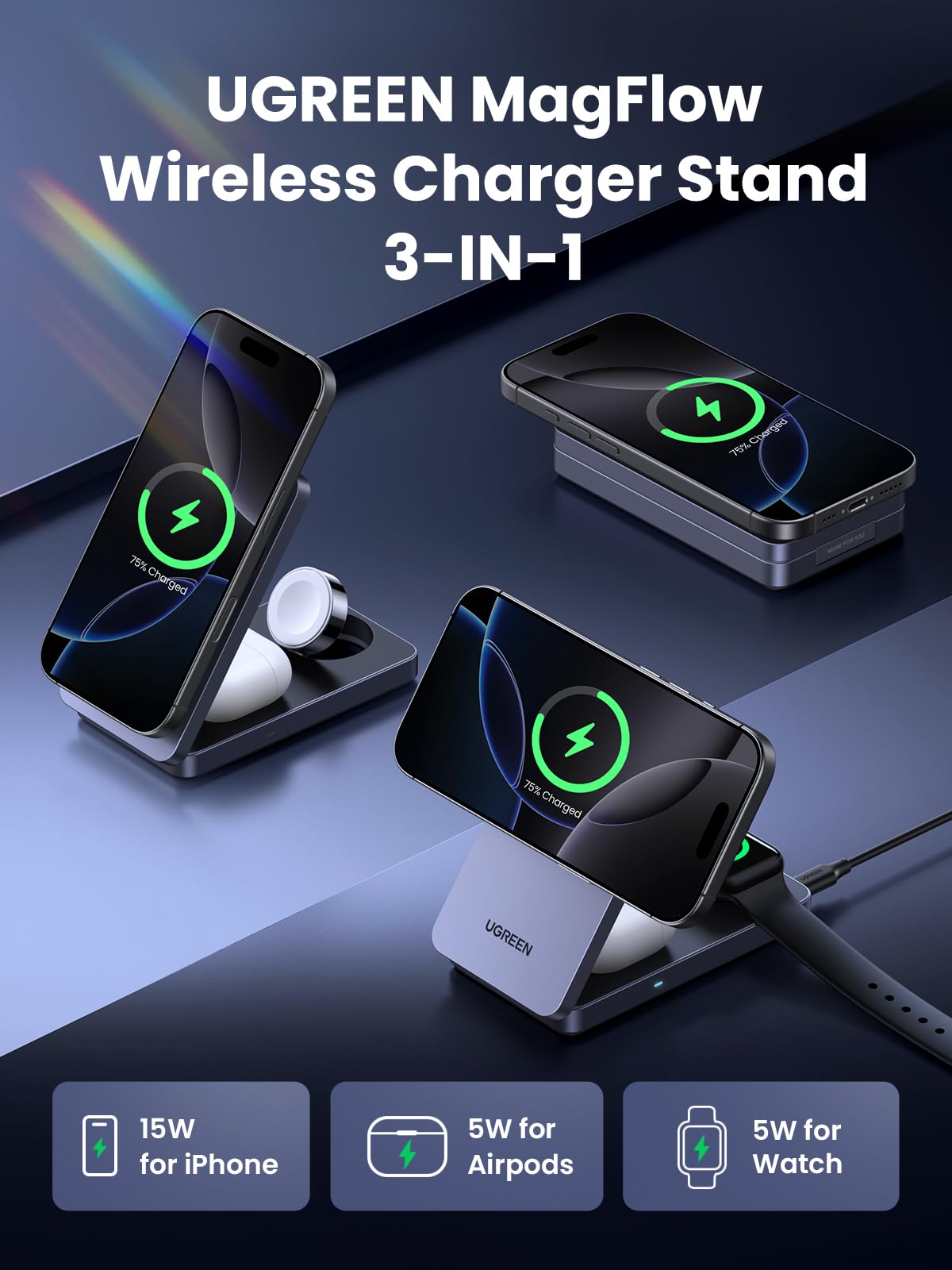 UGREEN MagFlow 3-in-1 Magnetic Wireless Charger 15W