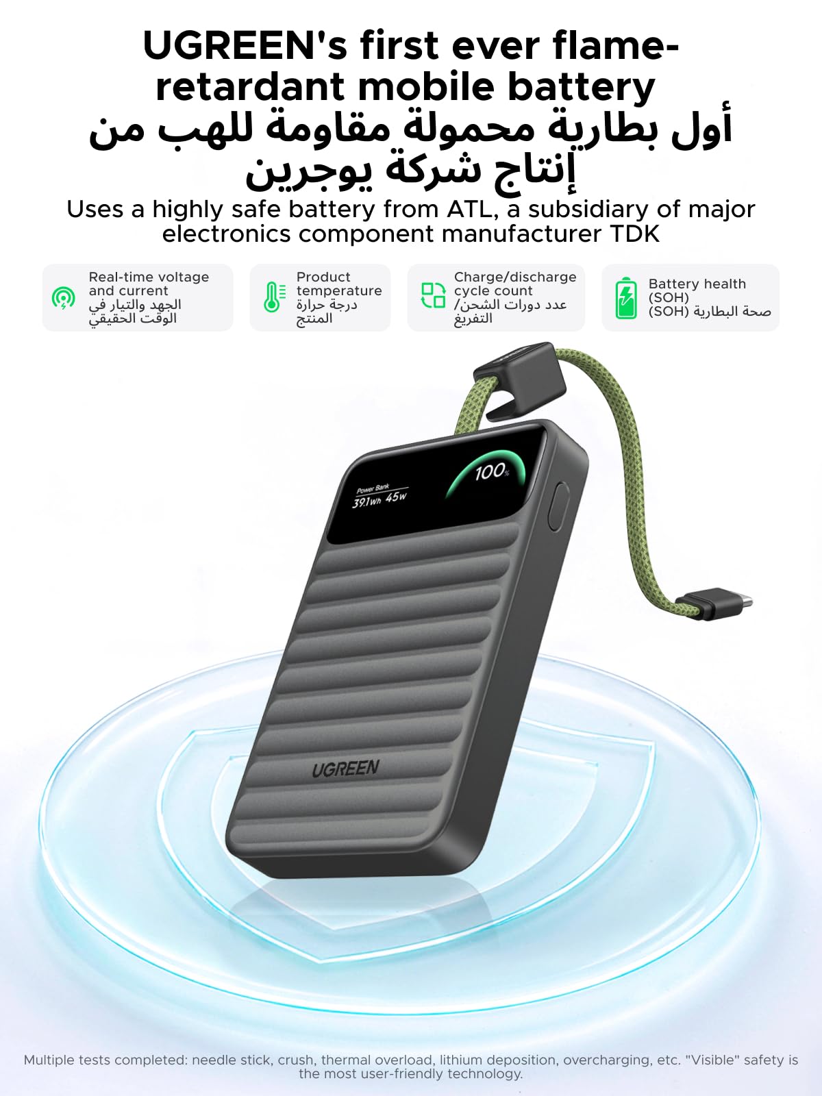 UGREEN Nexode Power Bank 10000mAh 45W with Built-in USB-C Cable Smart Display