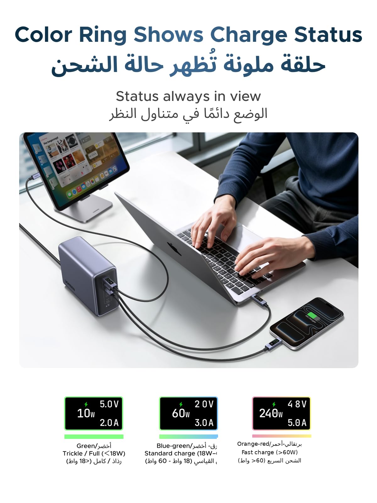 كابل UGREEN Nexode USB-C بقوة 240 واط مع شاشة رقمية (طول 2 متر)