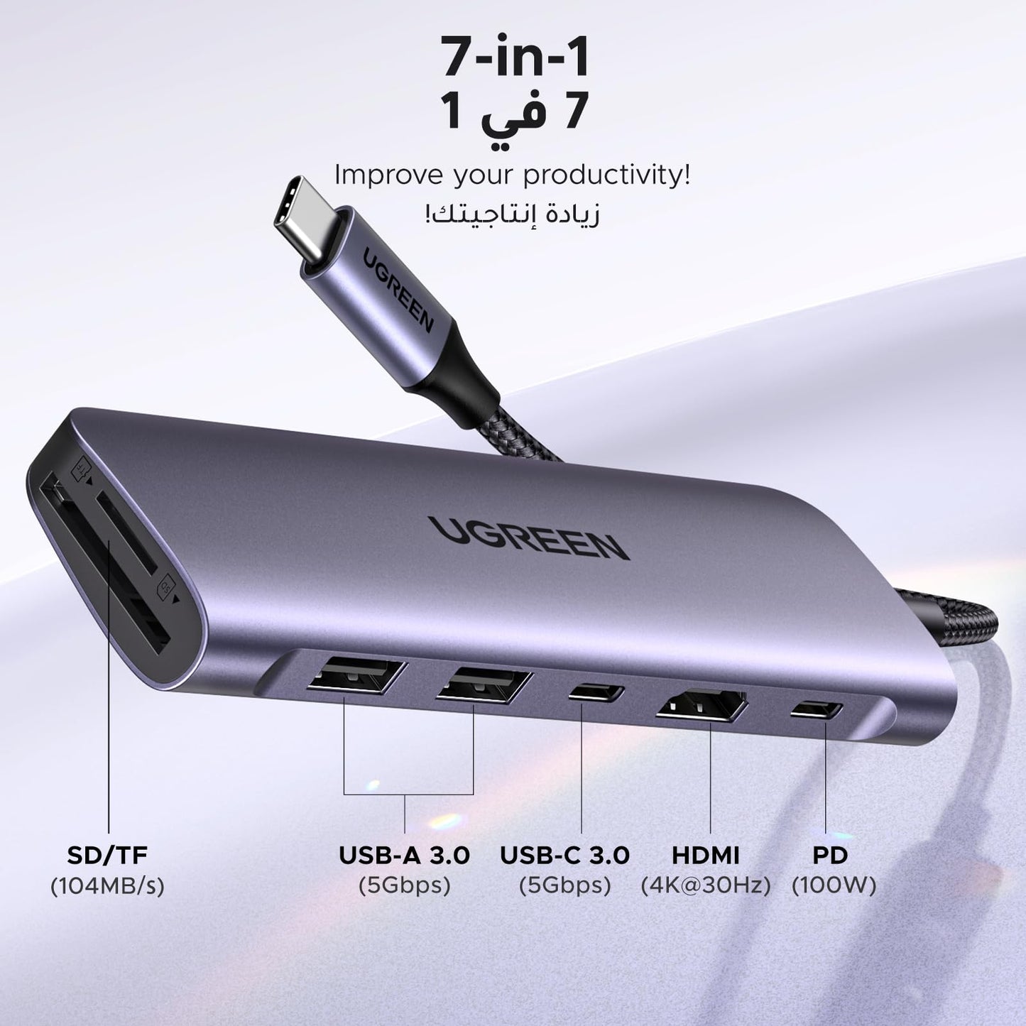 UGREEN Revodok موزع USB-C ‏7 في 1 (قارئ بطاقات SD/TF عالي السرعة)