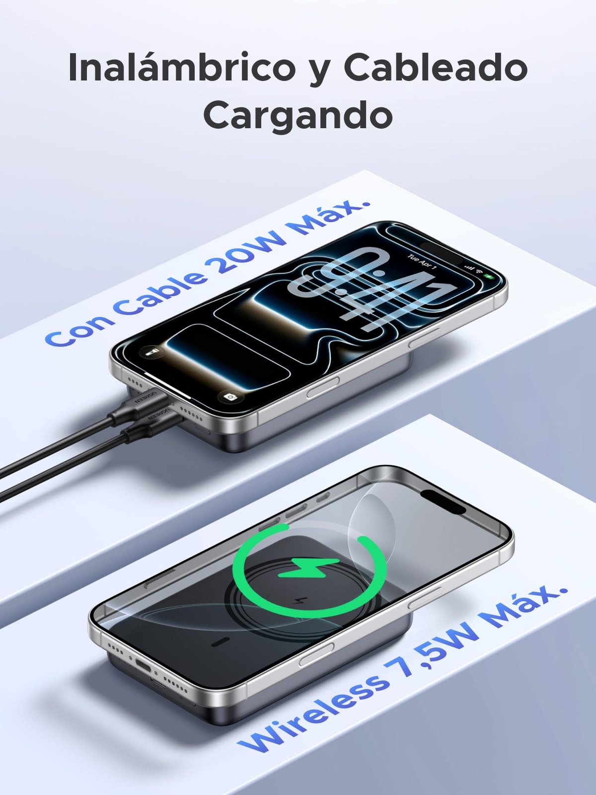 UGREEN Nexode Power Bank Inalámbrico Magnético 10000mAh con Carga Rápida USB C 20W PD
