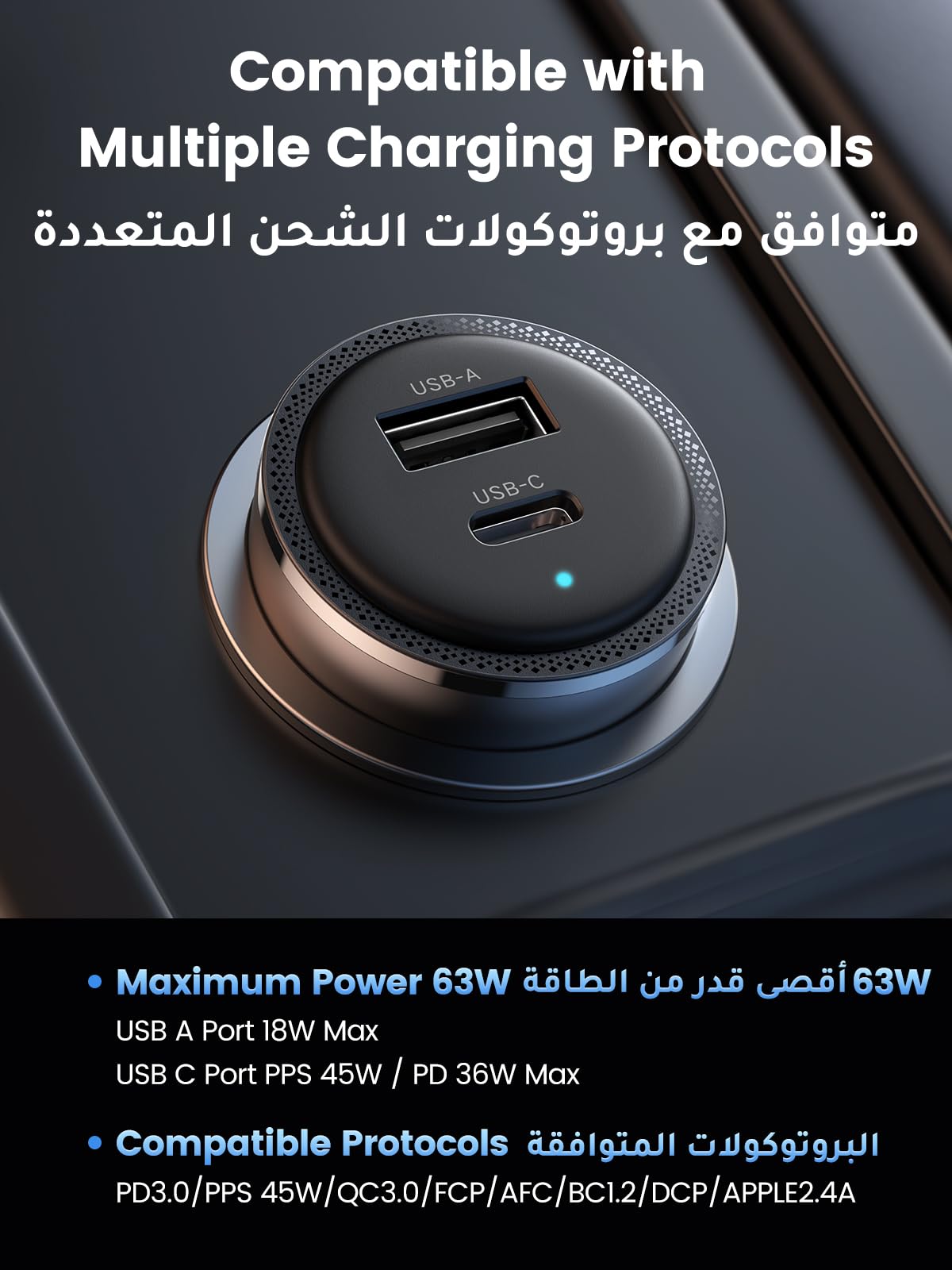 UGREEN شاحن سيارة منفذين 63 واط (1C1A)
